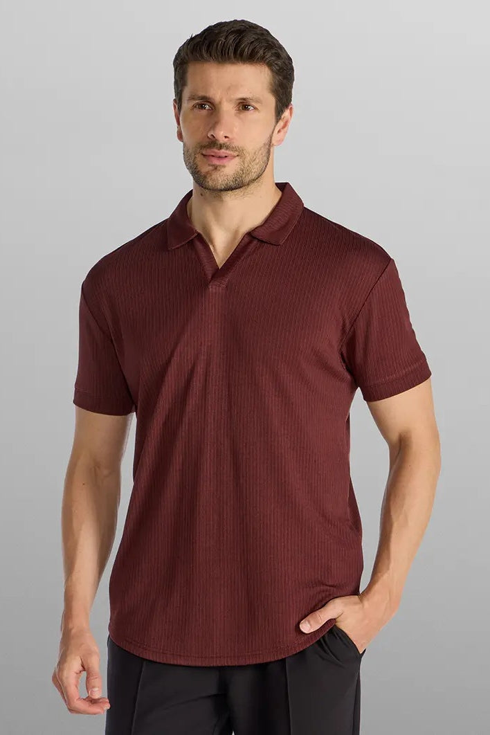 Wholesale,BYLT, BYLT Maroon Ribbed Drop-cut Open V Polo, Red, Small-40-TagSMedium-42-TagMLarge-44-TagLExtra Large-48-TagXLExtra Extra Large-52-TagXXLExtra Extra Extra Large-56-Tag3XL