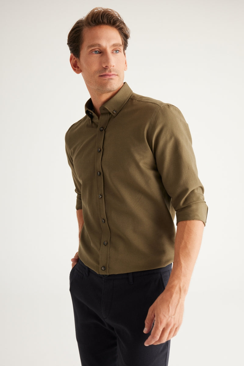 Wholesale,Altinyildiz Classics, Altinyildiz Classics Olive Cotton Oxford Slim Fit Shirt, Green, Medium-44-TagL