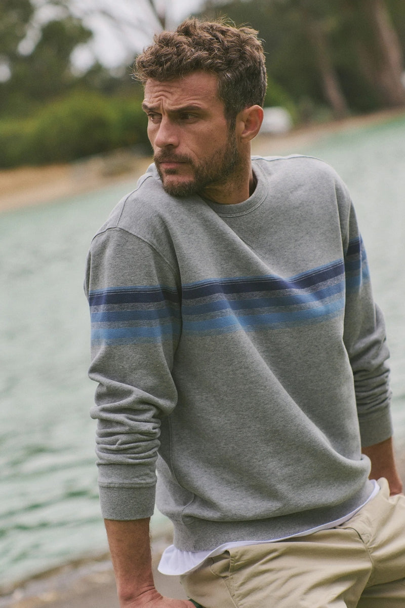 Wholesale,Marine Layer, Marine Layer Heather Grey/Blue Stripe Fleece Relaxed Sweatshirt, Grey, Small-42-TagSMedium-44-TagMLarge-48-TagLExtra Large-52-TagXL