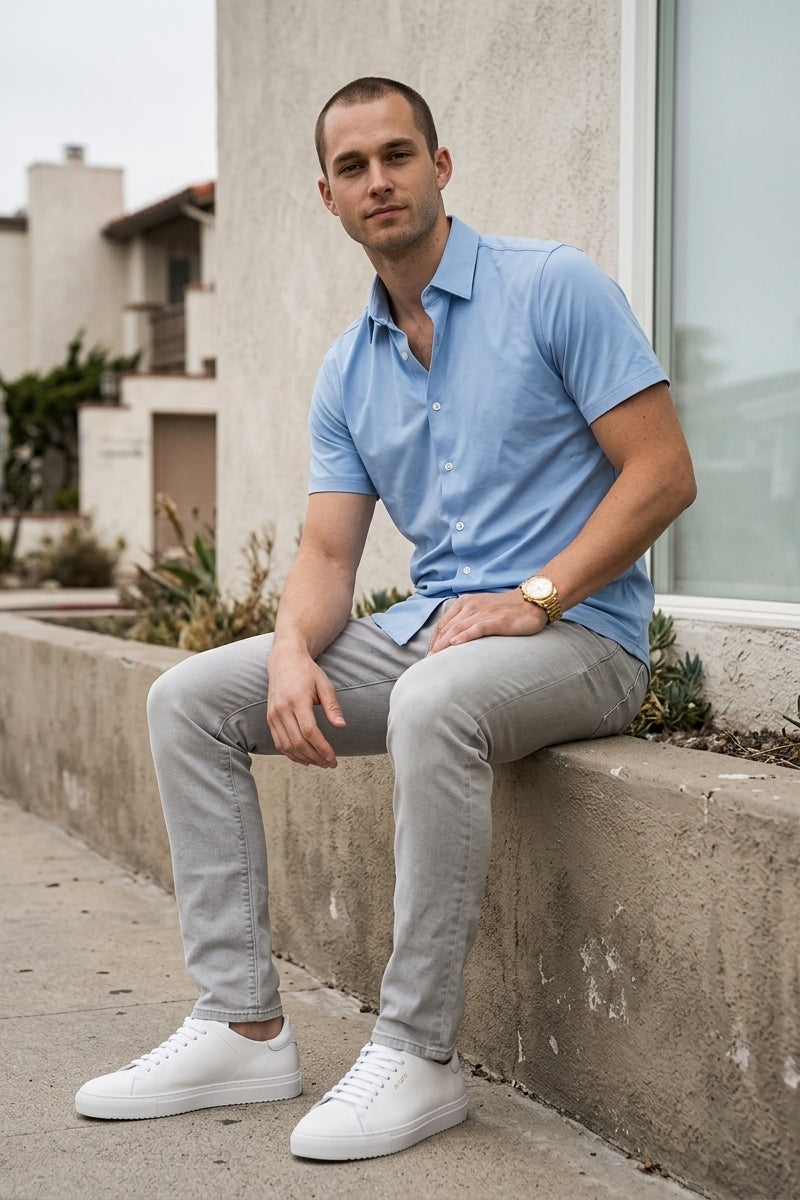 Wholesale,Projek Raw, Projek Raw Light Blue Knit Short Sleeve Shirt, Blue, Small-39-TagSLarge-44-TagLExtra Large-46-TagXLExtra Extra Large-50-TagXXLMedium-42-TagMSmall-40-TagSExtra Large-48-TagXL