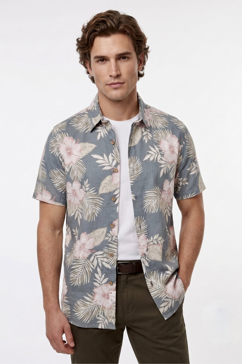 Wholesale,Projek Raw, Projek Raw Charcoal/Pink Tropical Linen Blend Short Sleeve Shirt, Grey, Small-41-TagSMedium-43-TagMLarge-46-TagLExtra Large-48-TagXLExtra Extra Large-50-TagXXL