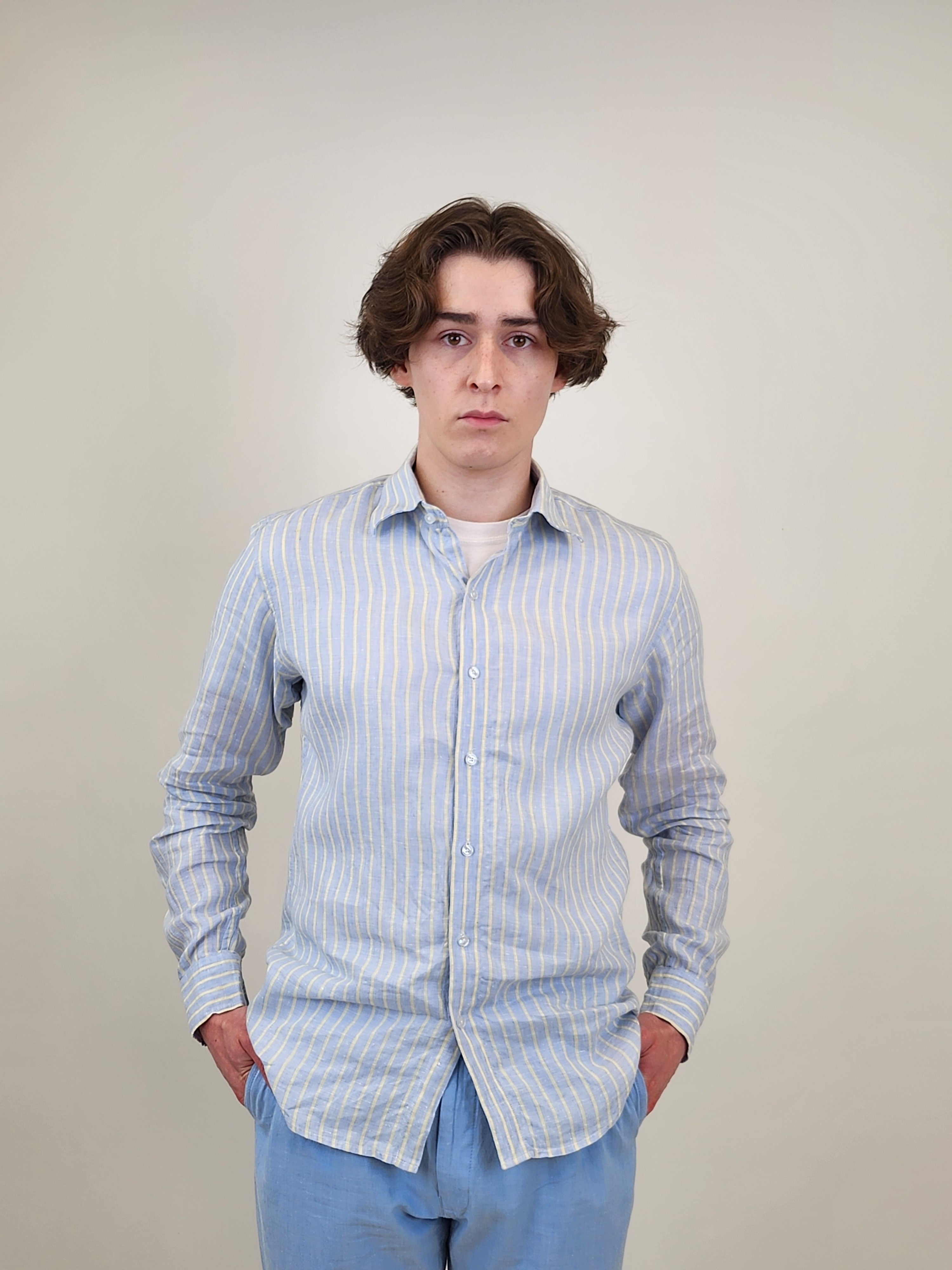 Brand Partner,R2 Amsterdam, R2 Amsterdam Light Blue Stripe Linen Long Sleeve Shirt, Blue, Medium-44-TagMExtra Large-50-TagXL