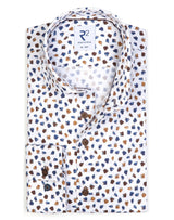 R2 Amsterdam White Conversational Blue/Beige Print Cotton Long Sleeve Button Up Shirt