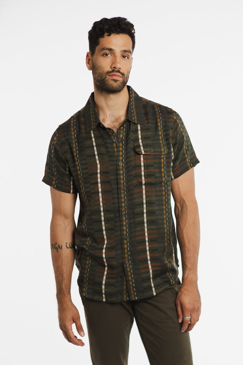 Faire,Bridge & Burn, Bridge & Burn Olive Multi Stripe Shirt, Green, Small-39-TagSMedium-42-TagMLarge-45-TagLExtra Large-48-TagXLExtra Extra Large-50-TagXXL