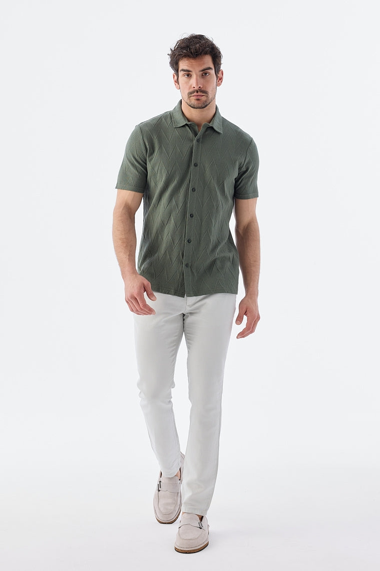 Wholesale,Jakamen, Jakamen Khaki Green Zigzag Textured Slim Fit Shirt, Green, Medium-42-TagM