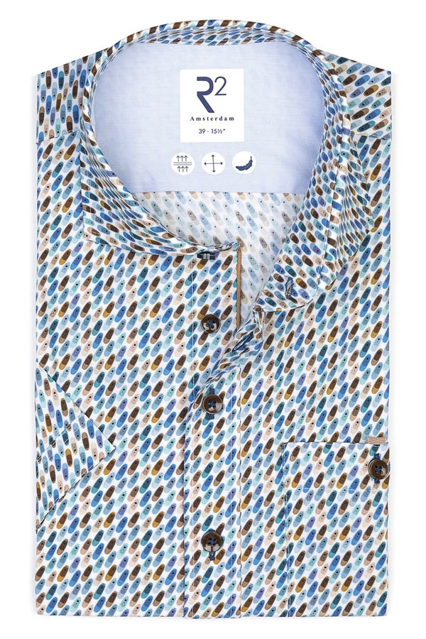 R2 Amsterdam Blue Multi Surfboard Print Stretch Shirt