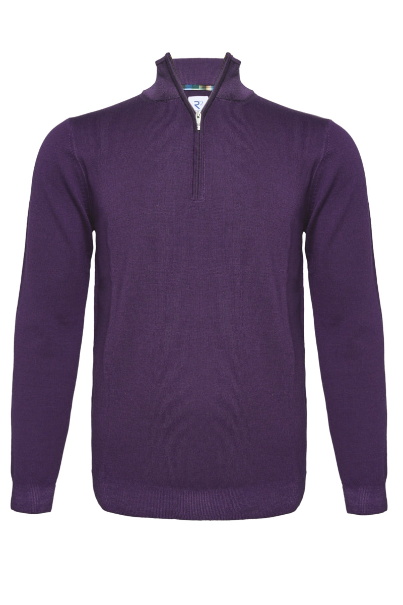 Direct From Brand,R2 Amsterdam, R2 Amsterdam Purple 100% Merino Wool Zip Pullover, Purple, Medium-41-TagMLarge-43-TagLExtra Large-45-TagXLExtra Extra Large-47-TagXXL