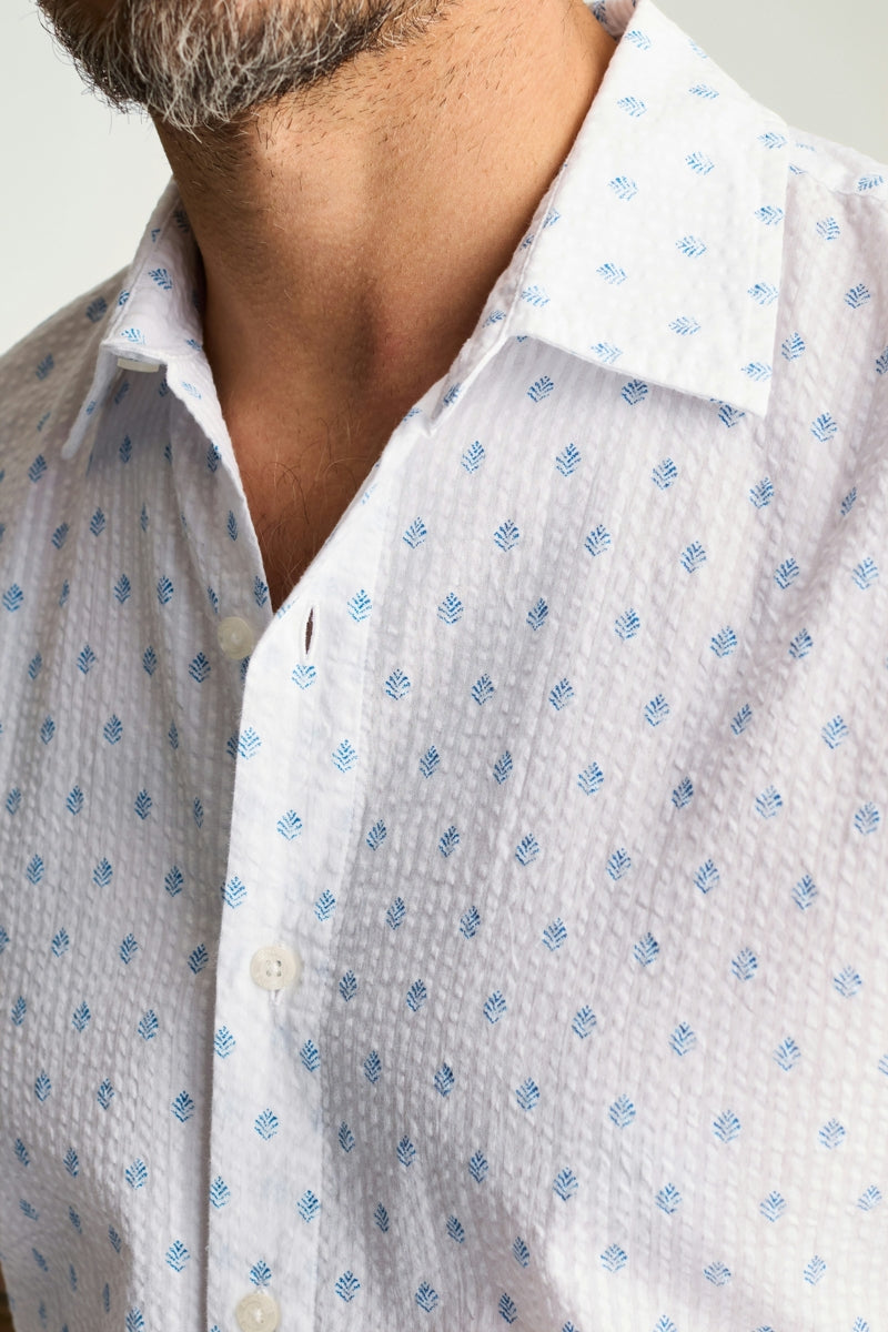 Wholesale,Bonobos, Bonobos White with Blue Lundi Leaves Print Seersucker Shirt, White, Medium-42-TagM