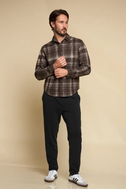 Wholesale,Fundamental Coast, Fundamental Coast Dark Brown Plaid Brushed Knit Flannel Shirt, Brown, Medium-44-TagM
