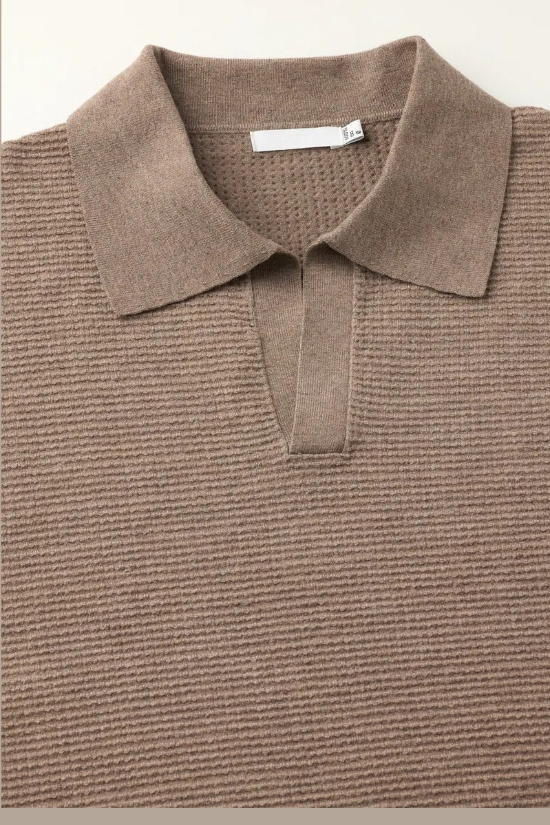 Direct From Brand,FYNE, FYNE Tan Waffle Knit V-neck Sweater Polo, Tan, Medium-45-TagM