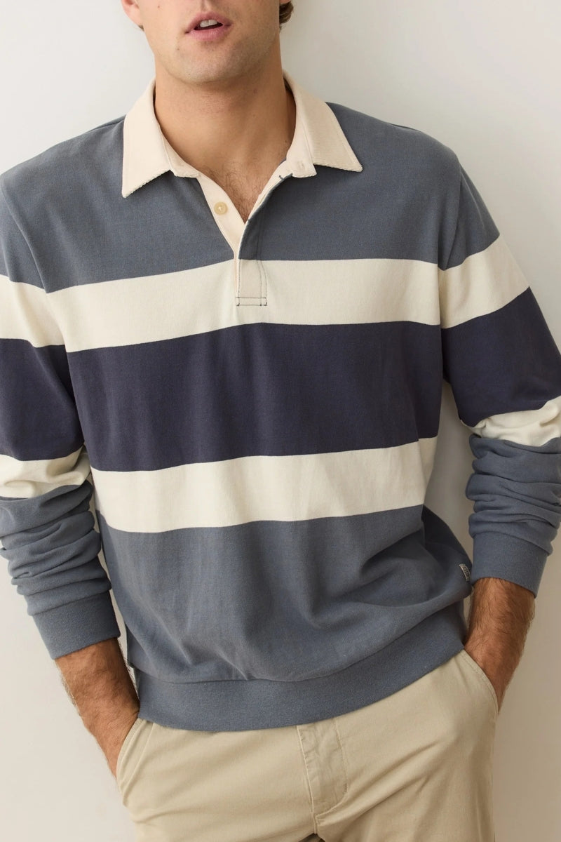 Wholesale,Marine Layer, Marine Layer Blue with Cream Colorblock Suede Rugby Polo, Blue, Small-42-TagSMedium-44-TagMLarge-47-TagLExtra Large-50-TagXL
