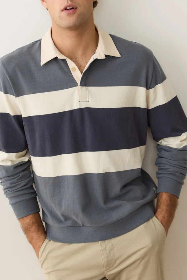 Marine Layer Blue with Cream Colorblock Suede Rugby Polo