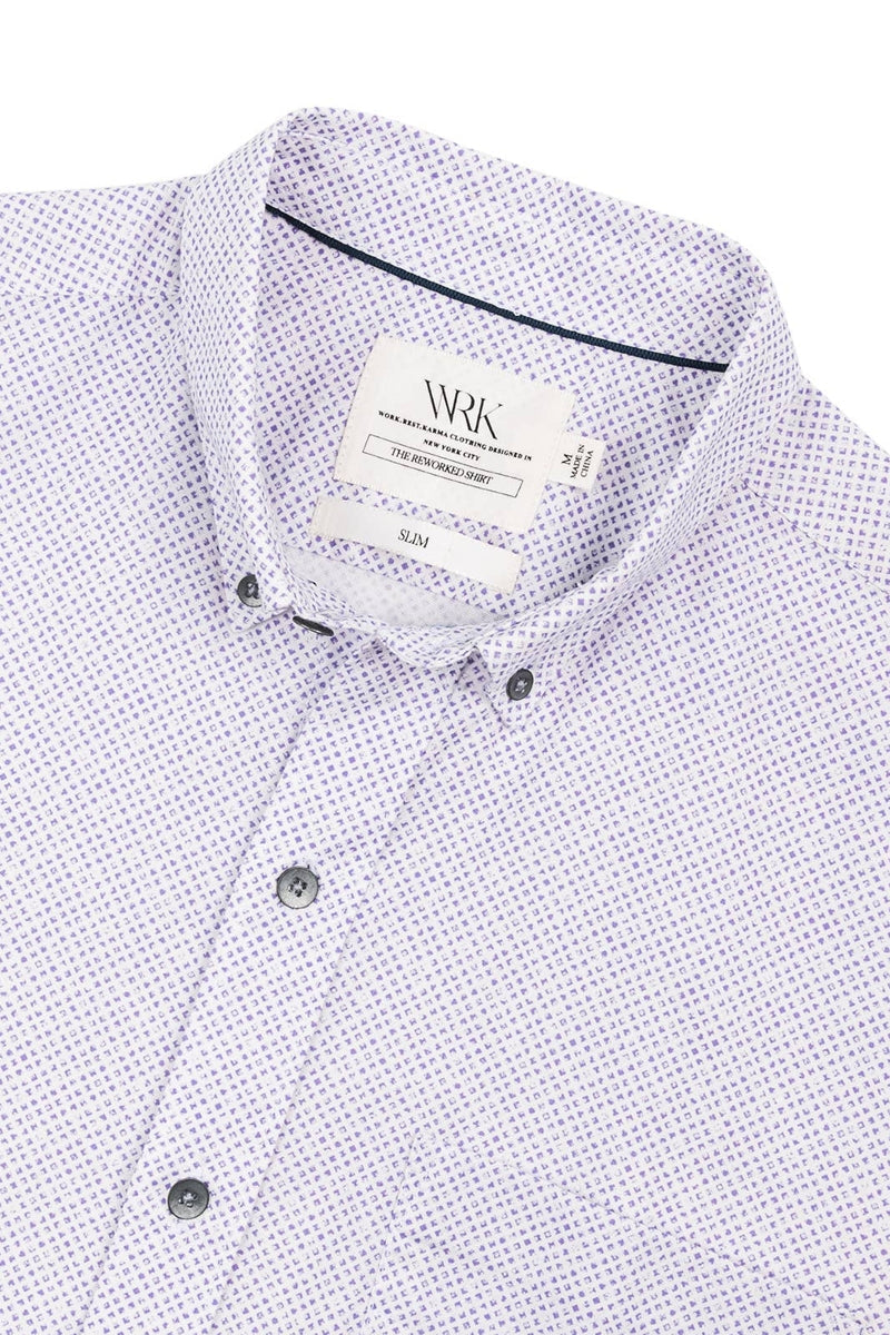 Faire,W.R.K, W.R.K Lilac Diamond Reworked Print Short Sleeve Button Up Shirt, Purple, Extra Large-46-TagXL
