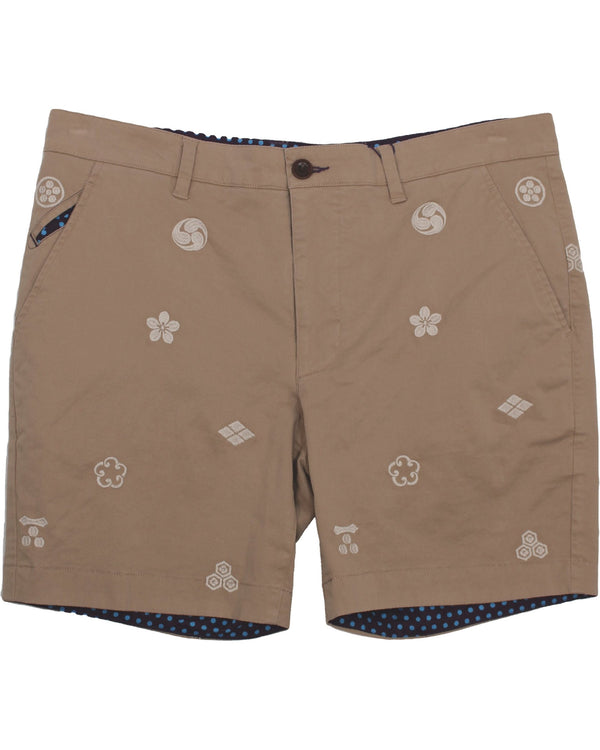 Lords of Harlech Sand Embroidered Edward Crest 7" Shorts with Butter Fabric in Peached Stretch Twill