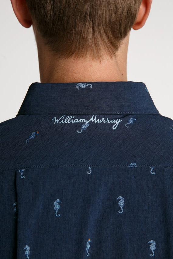 Faire,William Murray Golf, William Murray Golf Navy Seahorse Print Short Sleeve Shirt, Blue, Medium-44-TagMLarge-46-TagLExtra Large-49-TagXLExtra Extra Large-51-TagXXLSmall-42-TagS