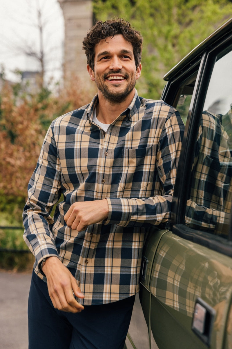 Wholesale,Mizzen + Main, Mizzen + Main Khaki/Navy Plaid Trim Flannel Shirt, Tan, Large-46-TagL