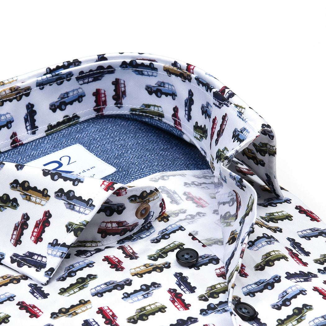 Brand Partner,R2 Amsterdam, R2 Amsterdam White Multicolor Car Print Button Up, White, Small-41-TagS