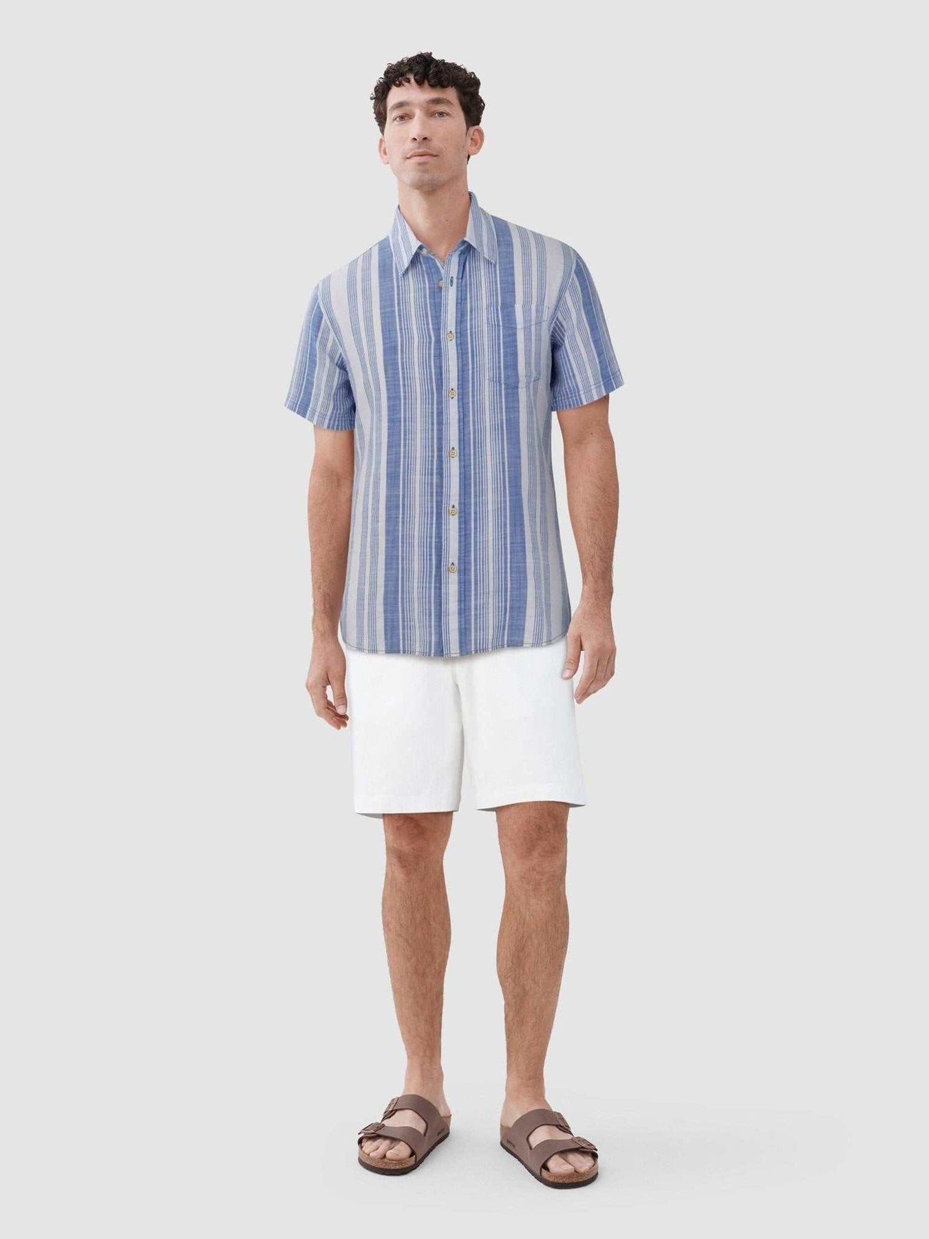 Faire,Surfside Supply, Surfside Supply Multi Blue Vertical Stripe Airy Short Sleeve Button Up Shirt, Blue, Medium-43-TagM