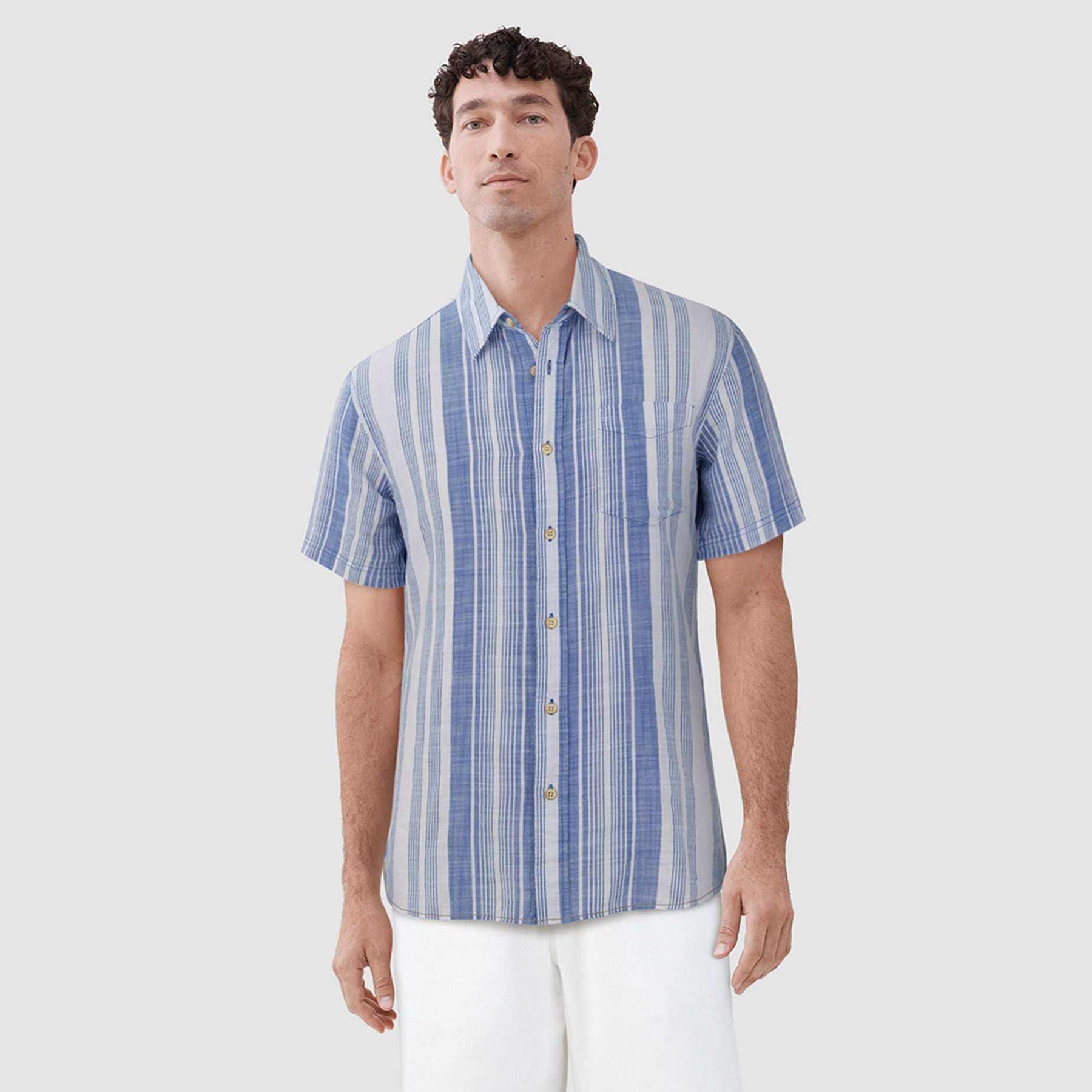 Faire,Surfside Supply, Surfside Supply Multi Blue Vertical Stripe Airy Short Sleeve Button Up Shirt, Blue, Medium-43-TagM