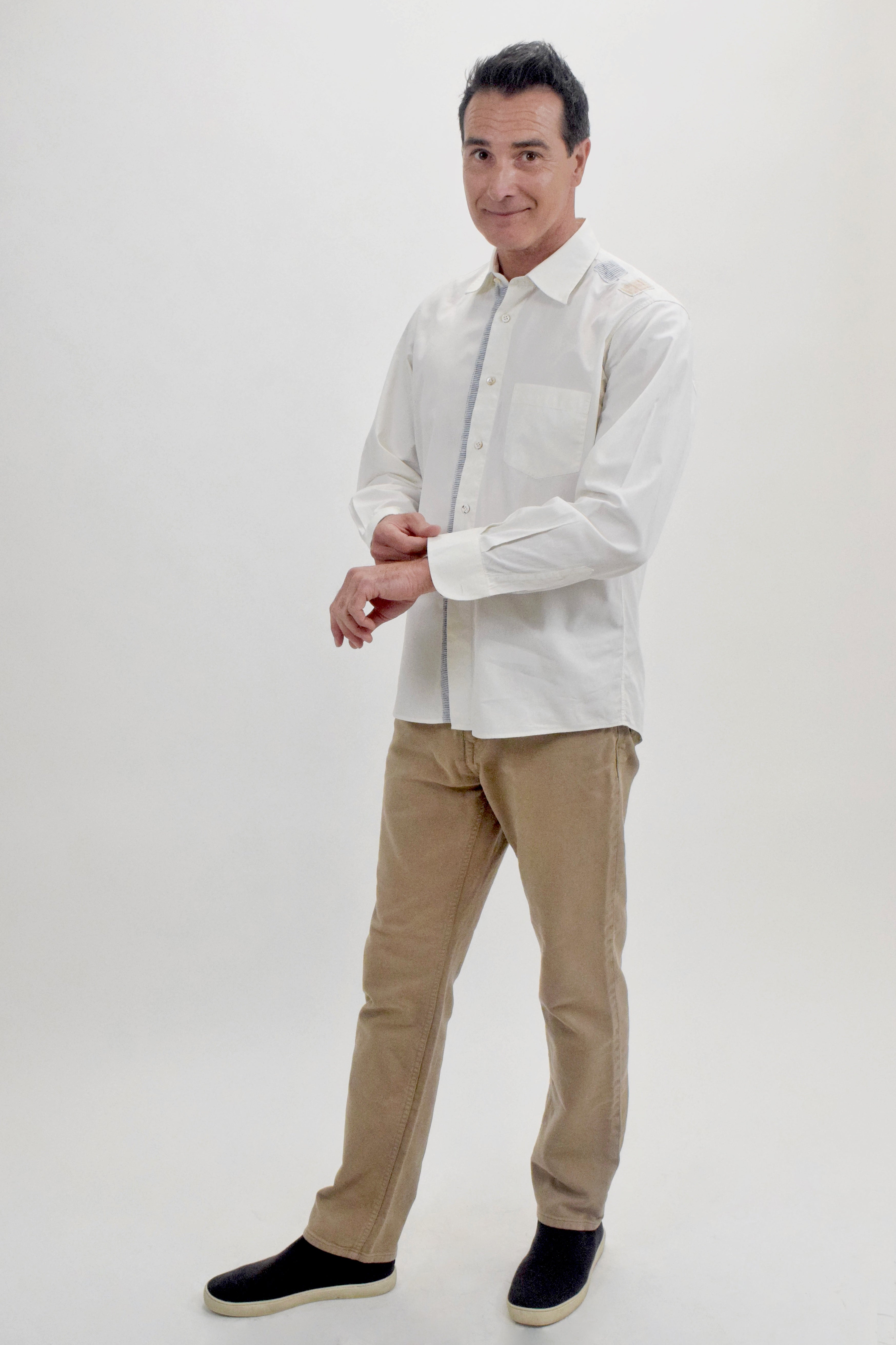 The RealReal,Luciano Barbera, Luciano Barbera Cream Button Up Shirt With Blue Striped Placket Detail, White, Large-45-TagL