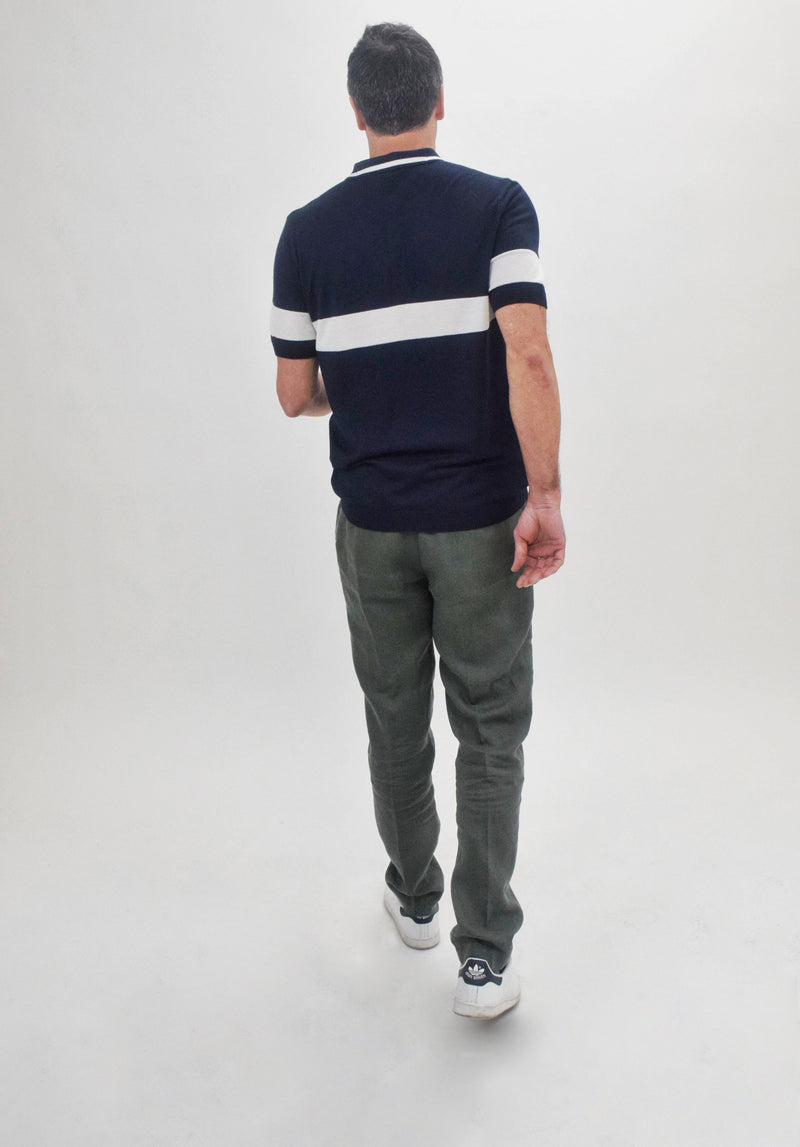 Suit Sartoria Navy With White Stripe Button Up Knit Short Sleeve Polo