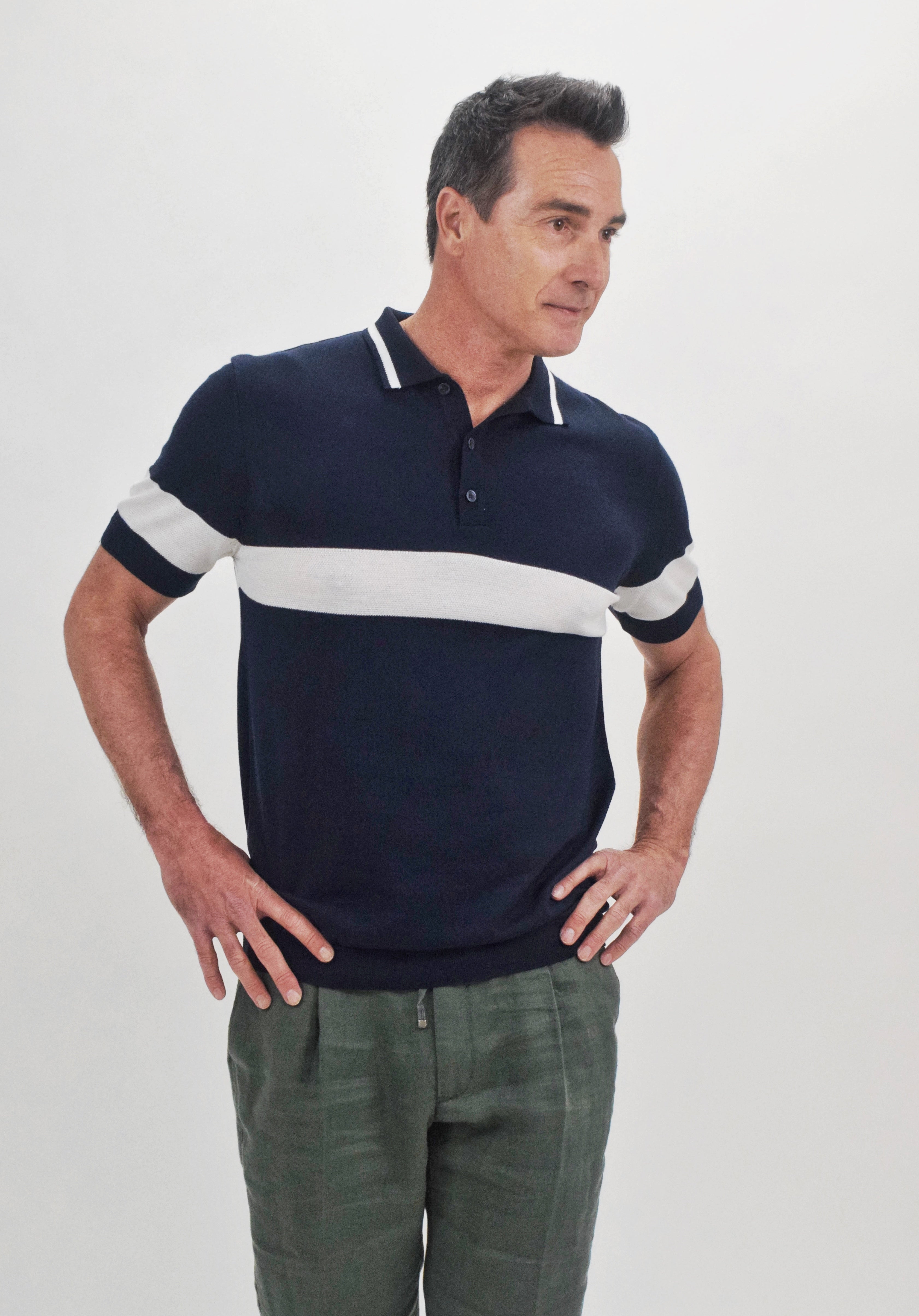 Wholesale,Suit Sartoria, Suit Sartoria Navy With White Stripe Button Up Knit Short Sleeve Polo, Blue, Large-44-TagL