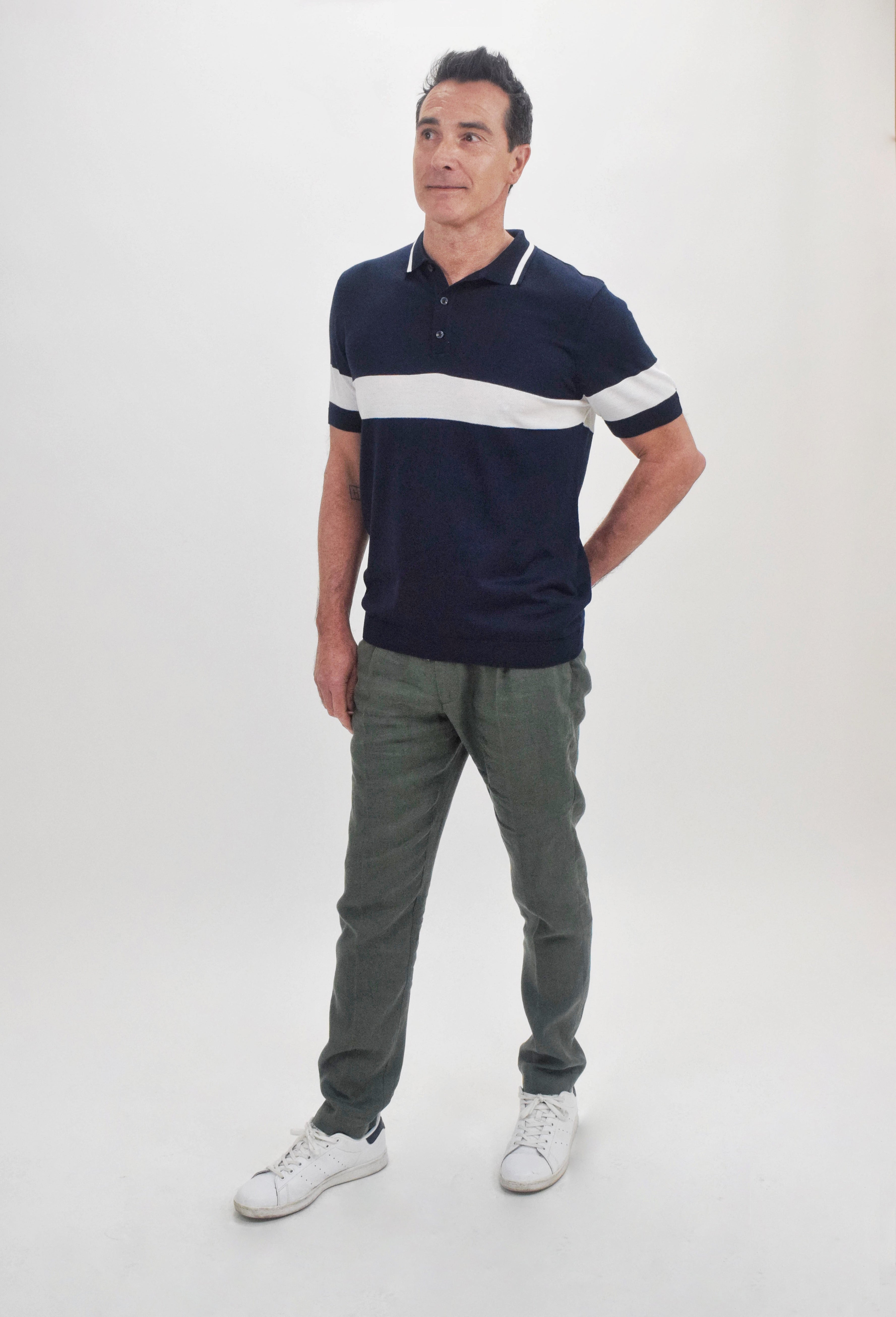 Wholesale,Suit Sartoria, Suit Sartoria Navy With White Stripe Button Up Knit Short Sleeve Polo, Blue, Large-44-TagL