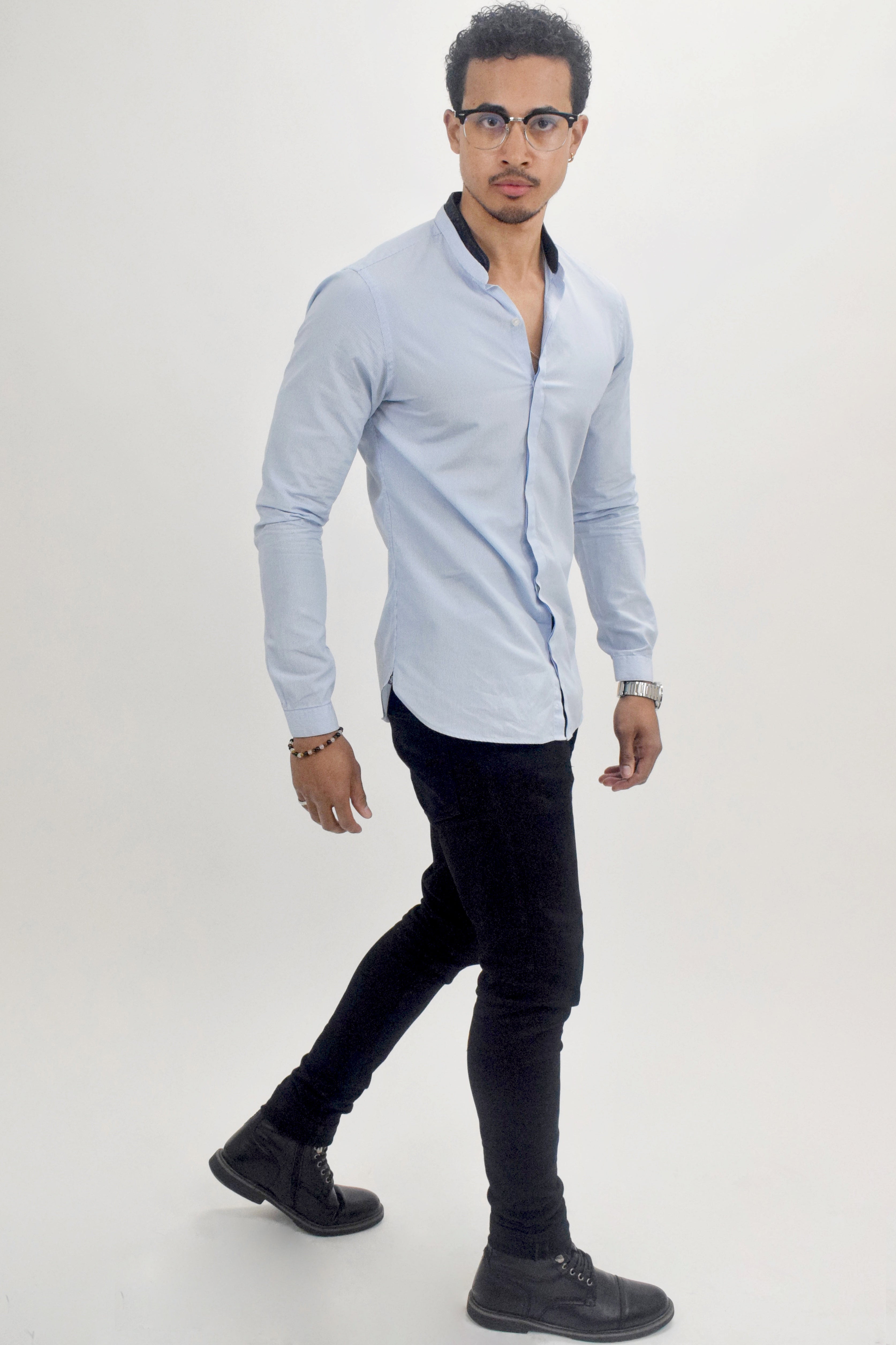 The RealReal,The Kooples, The Kooples Blue Pinstriped Leather Detail Mandarin Collar Button Up Shirt, Blue, Small-40-TagM