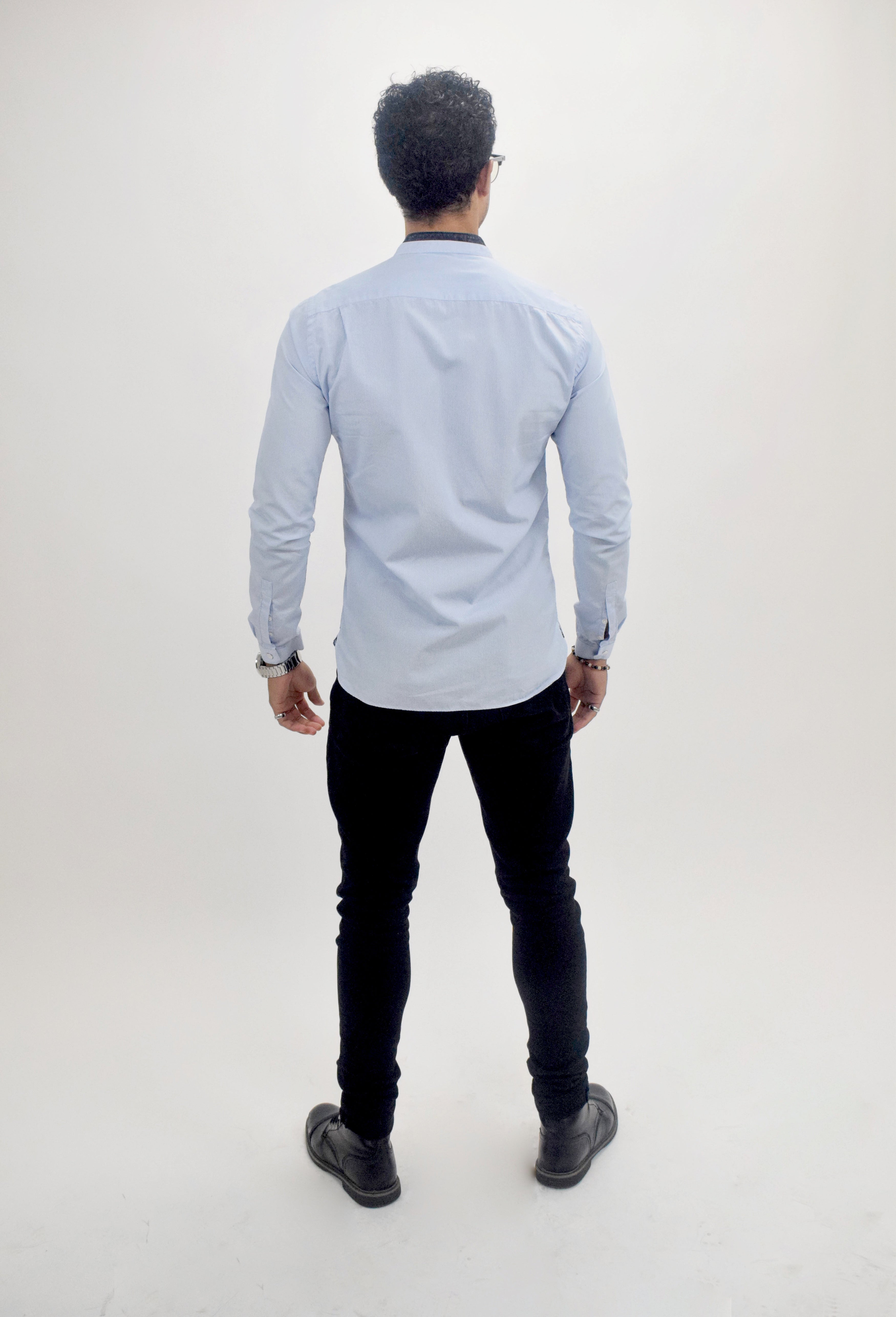 The RealReal,The Kooples, The Kooples Blue Pinstriped Leather Detail Mandarin Collar Button Up Shirt, Blue, Small-40-TagM