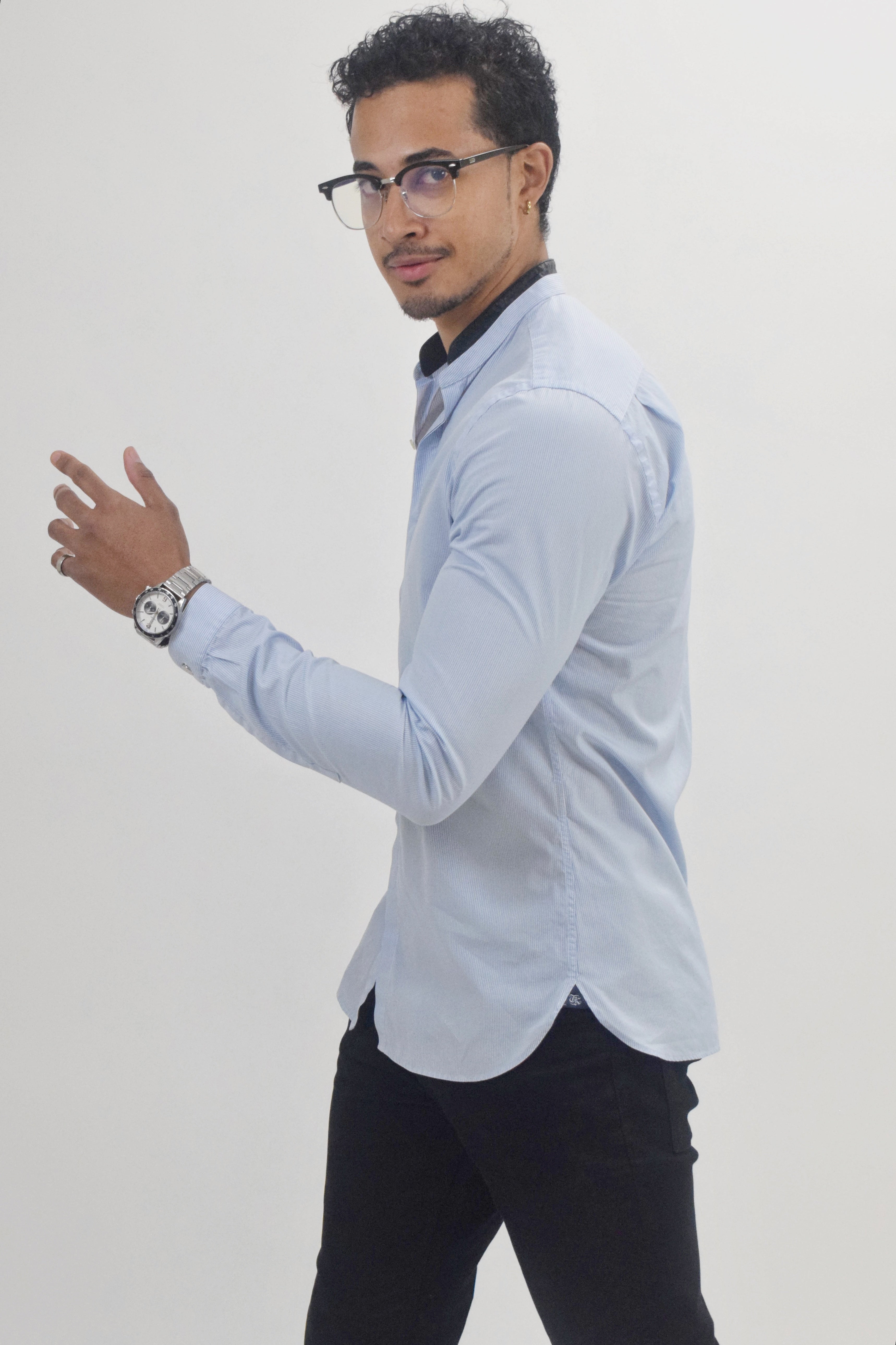 The RealReal,The Kooples, The Kooples Blue Pinstriped Leather Detail Mandarin Collar Button Up Shirt, Blue, Small-40-TagM
