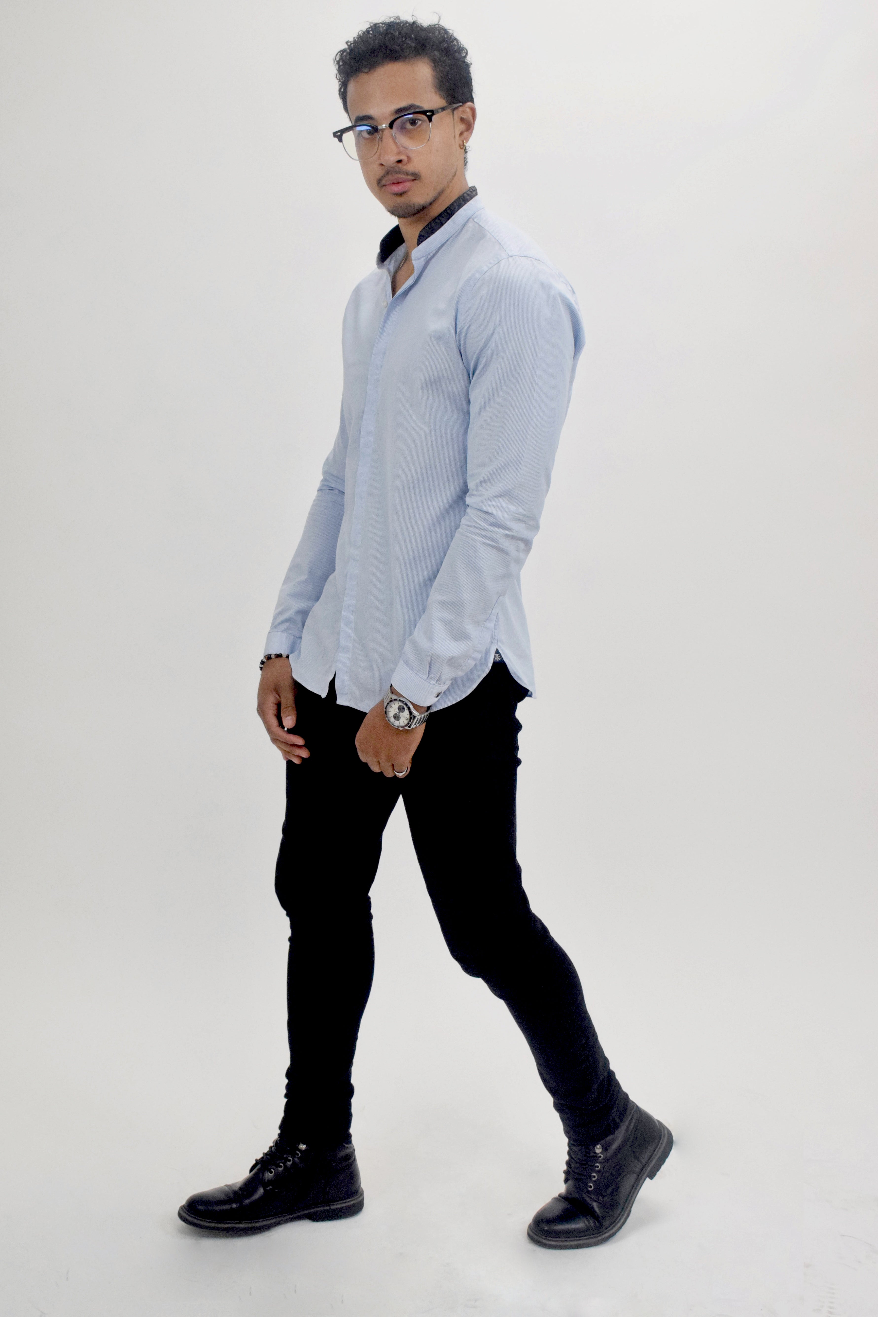 The RealReal,The Kooples, The Kooples Blue Pinstriped Leather Detail Mandarin Collar Button Up Shirt, Blue, Small-40-TagM