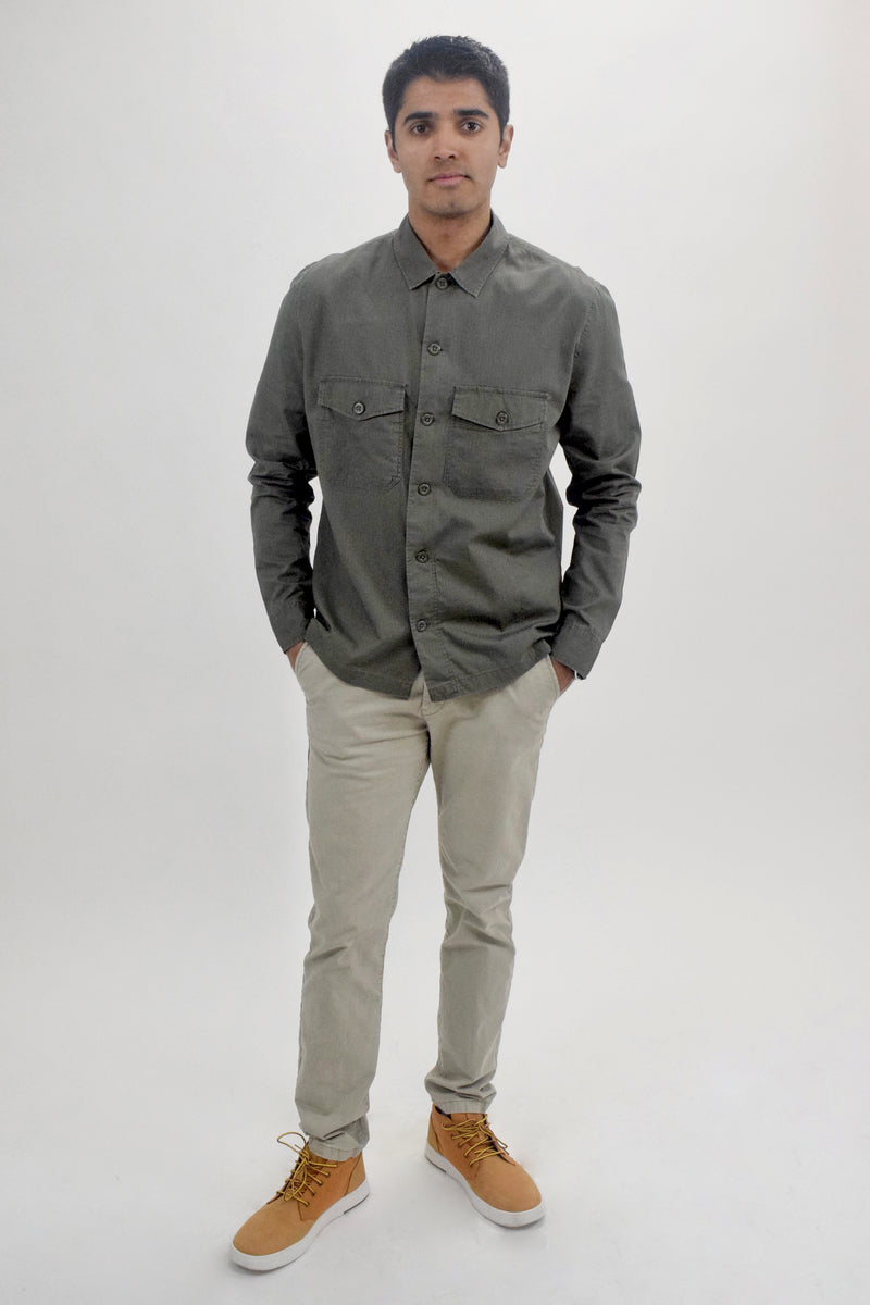 AllSaints Olive Green Grid Texutured Button Up Over Shirt With Chest Pockets