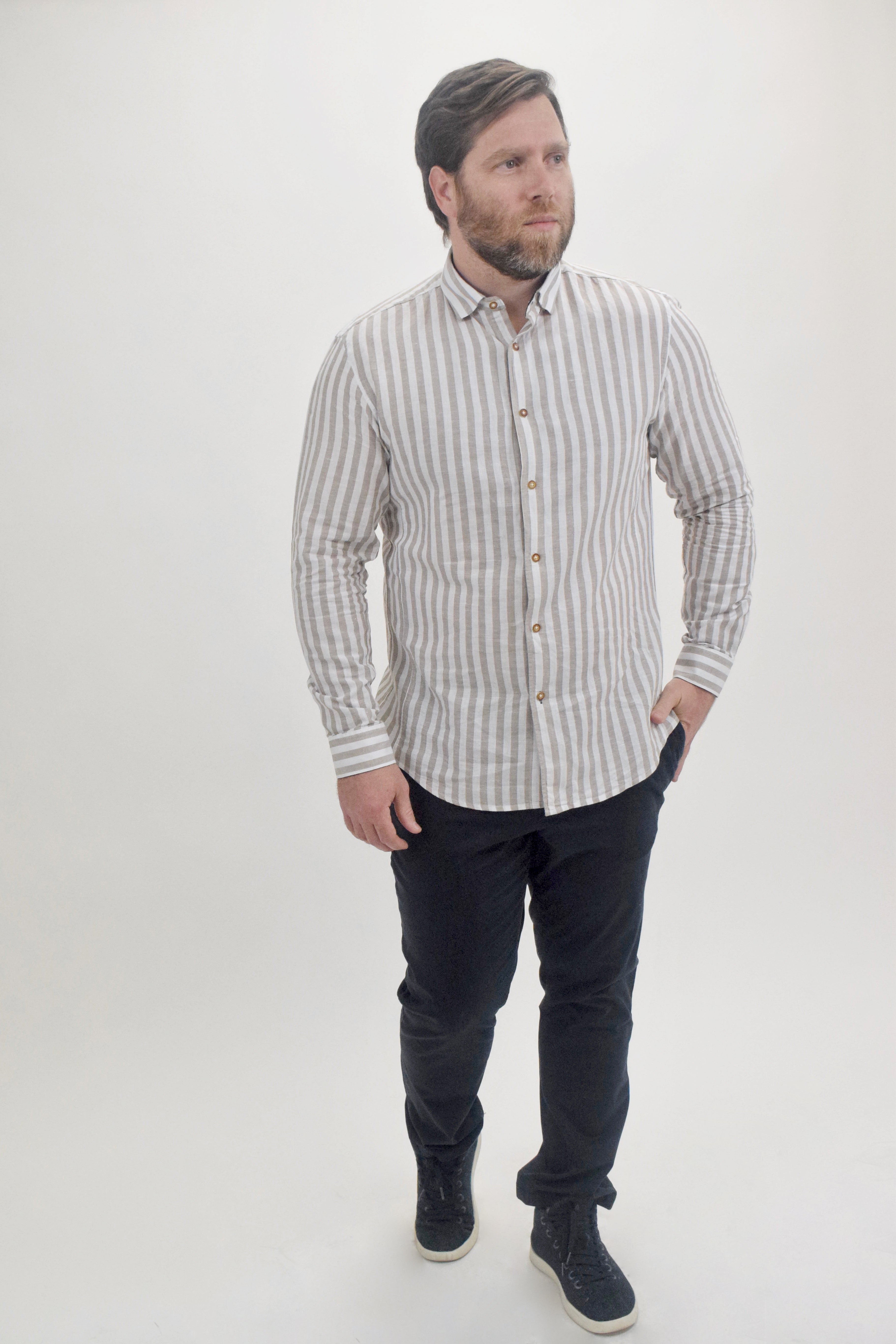 Faire,Spazio, Spazio White & Beige Thick Vertical Stripe Linen Long Sleeve Button Up Shirt, White, Large-47-TagXLLarge-45-TagLMedium-43-TagMExtra Large-49-TagXXLSmall-41-TagS