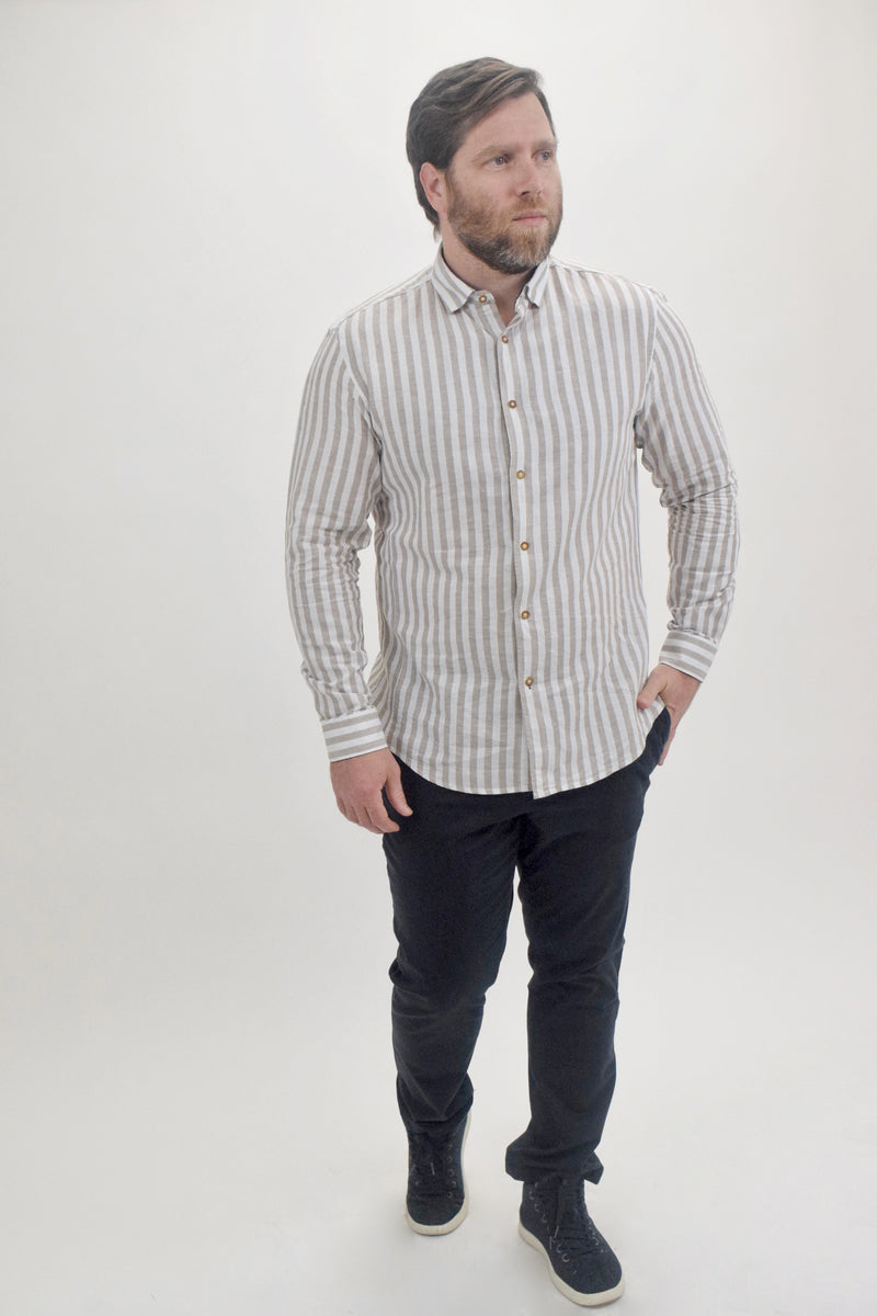 Spazio White & Beige Thick Vertical Stripe Linen Long Sleeve Button Up Shirt