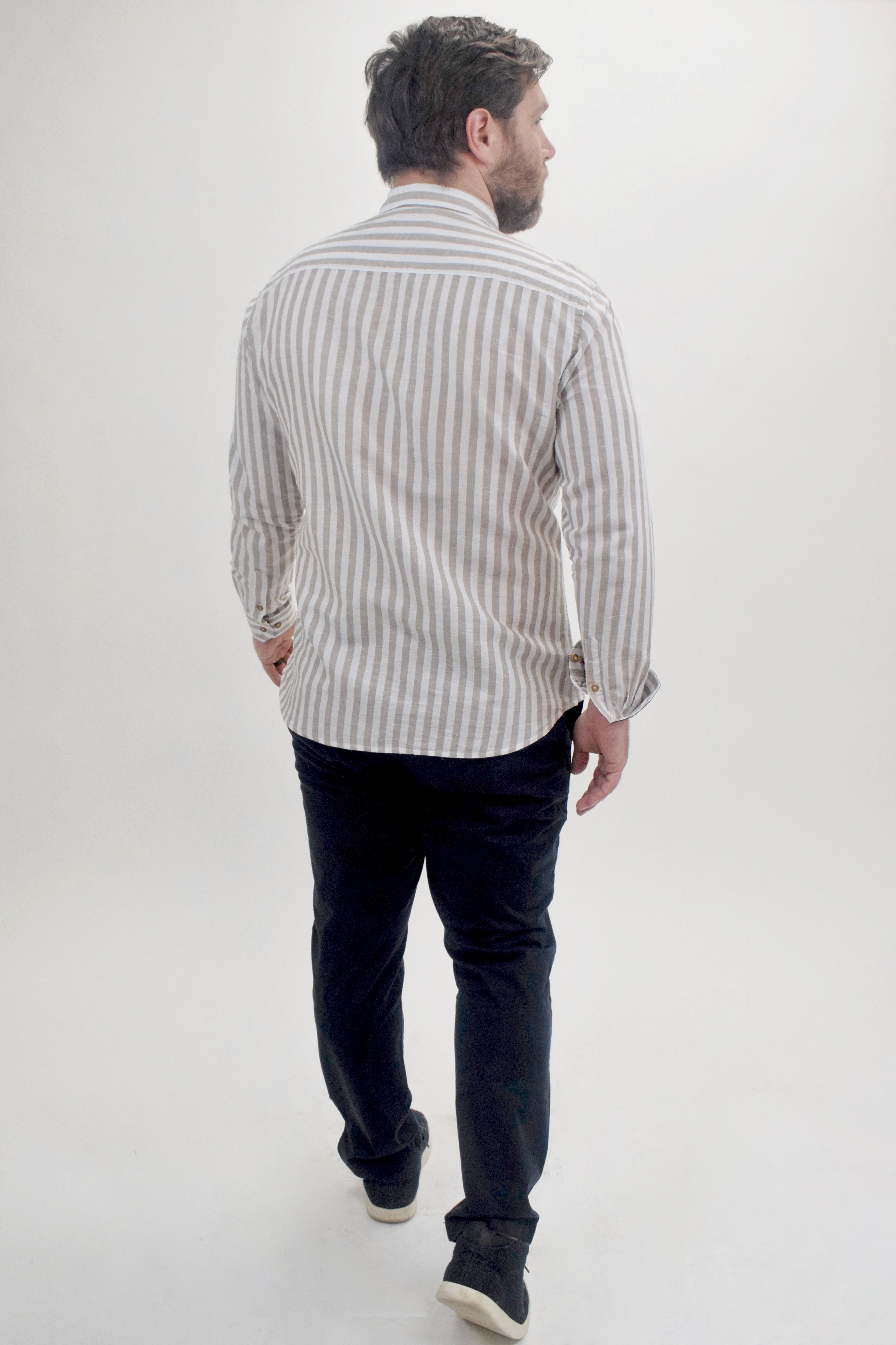 Faire,Spazio, Spazio White & Beige Thick Vertical Stripe Linen Long Sleeve Button Up Shirt, White, Medium-43-TagM