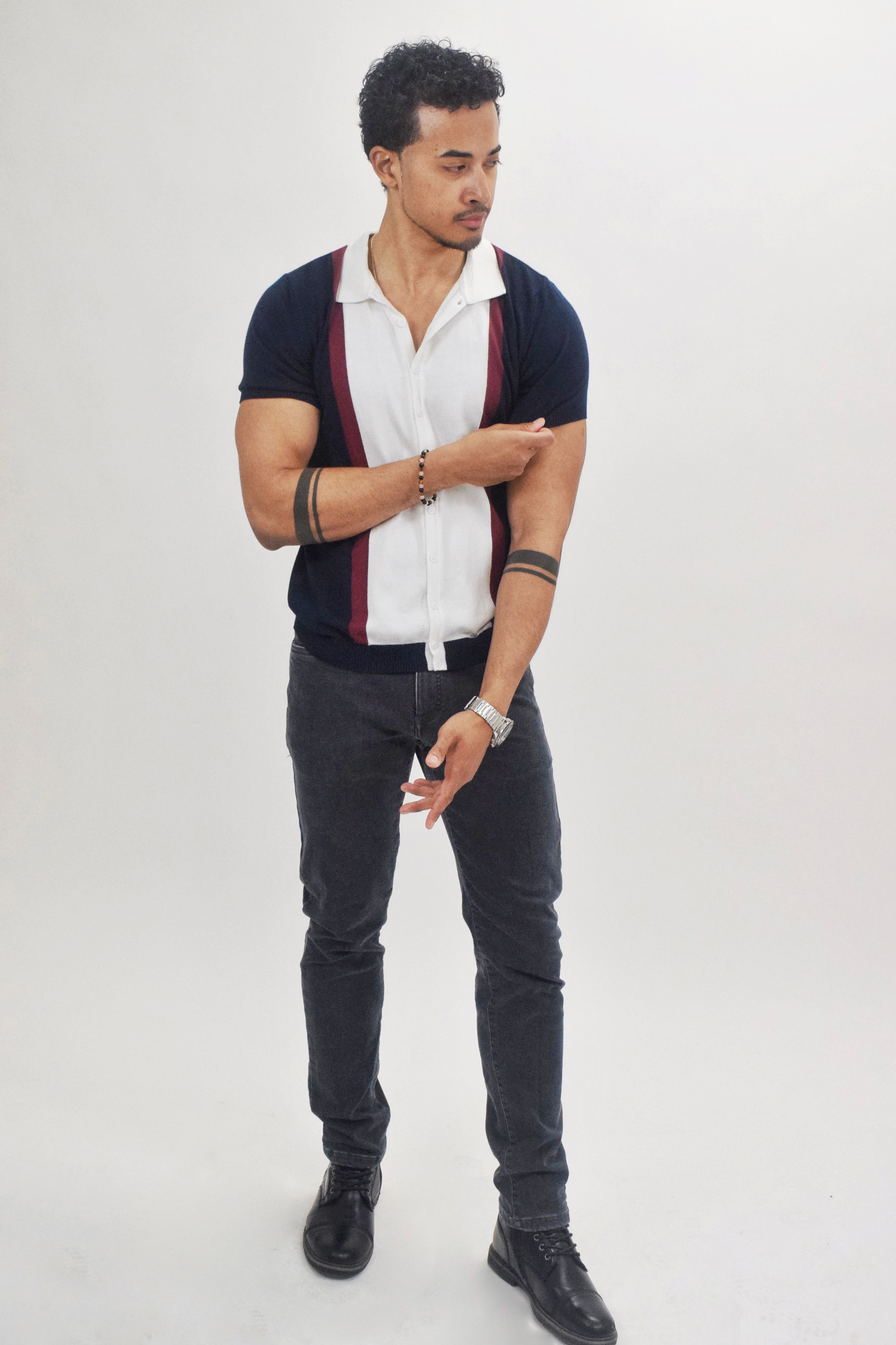 Wholesale,LCR, LCR Navy With Cream & Burgundy Colorblock Knit Short Sleeve Button Up Polo, Blue, Small-39-TagL