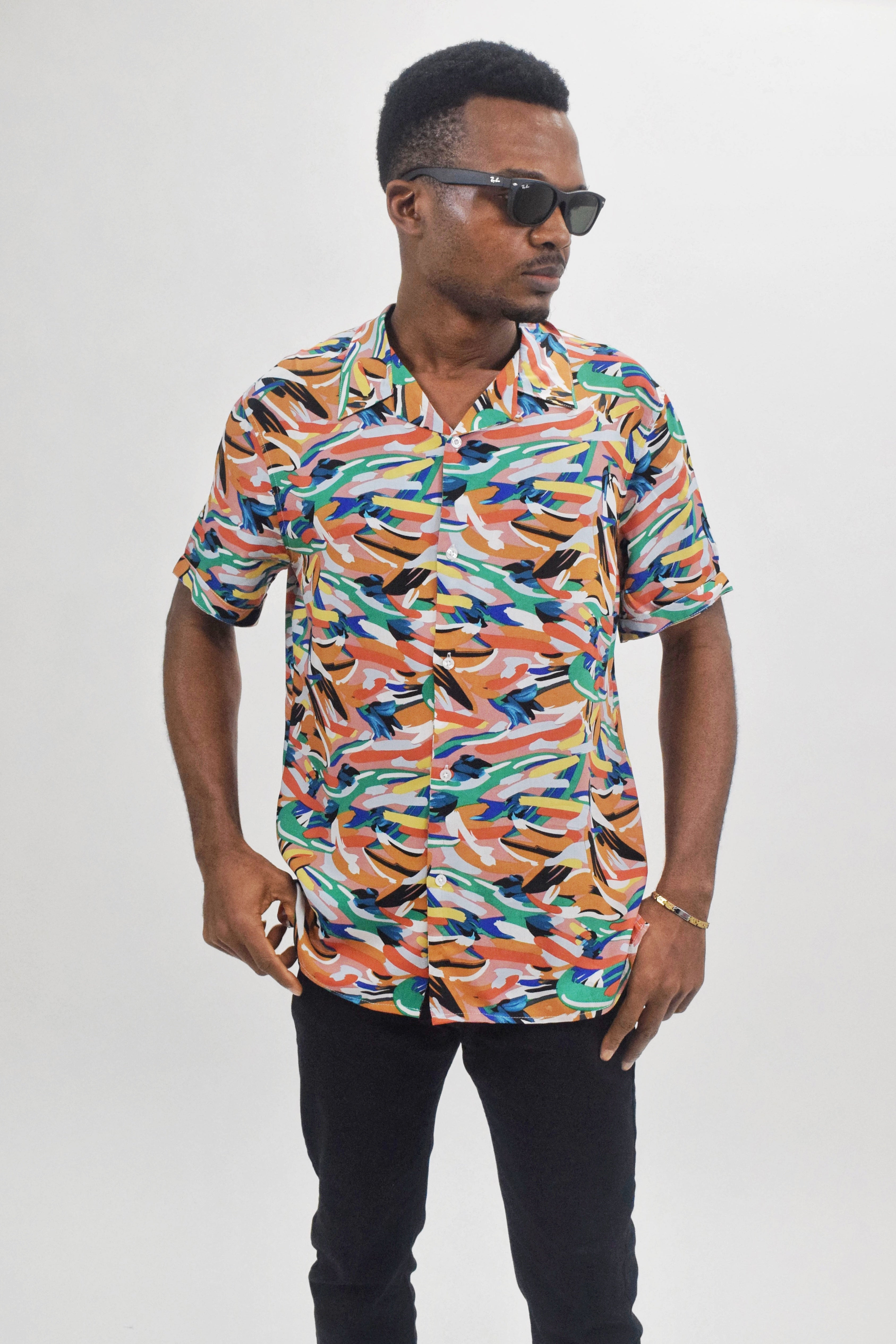 Wholesale,Eleven Paris, Eleven Paris Orange/Green Paint Splatter Camp Collar Short Sleeve Shirt, Orange, Small-41-TagS