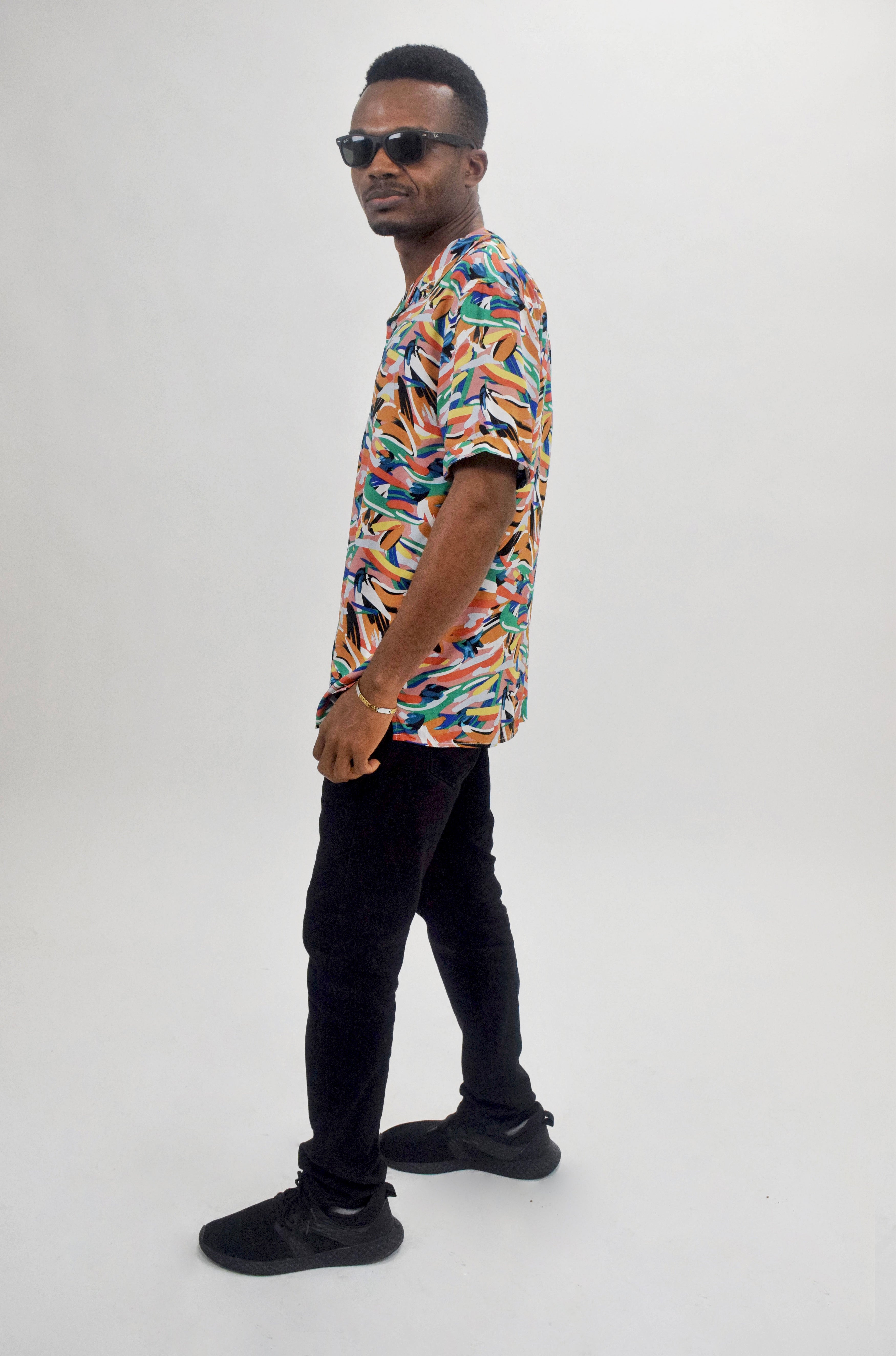 Wholesale,Eleven Paris, Eleven Paris Orange/Green Paint Splatter Camp Collar Short Sleeve Shirt, Orange, Medium-43-TagM