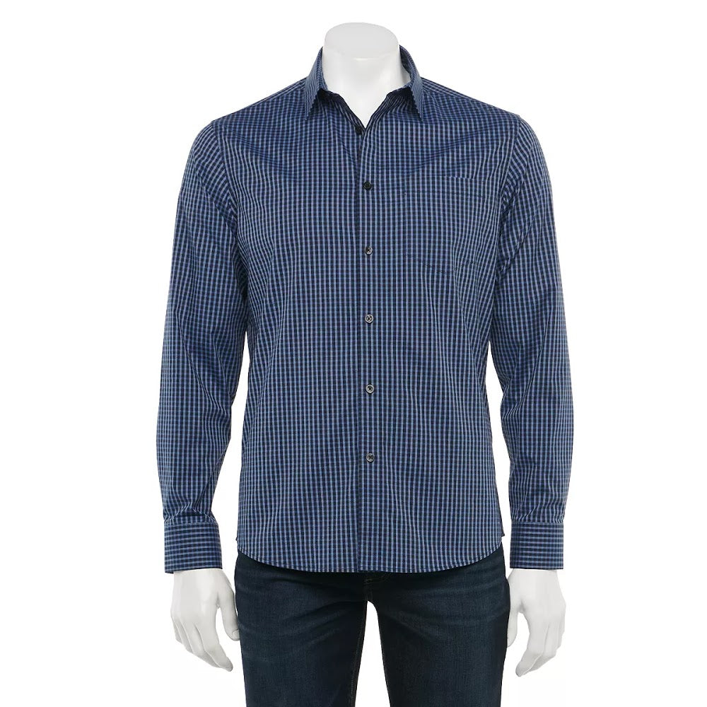 Kohl's,Apt. 9, Apt. 9 Navy Gingham Print Button up Shirt With Front Chest Pocket, Blue, Large-45-TagL