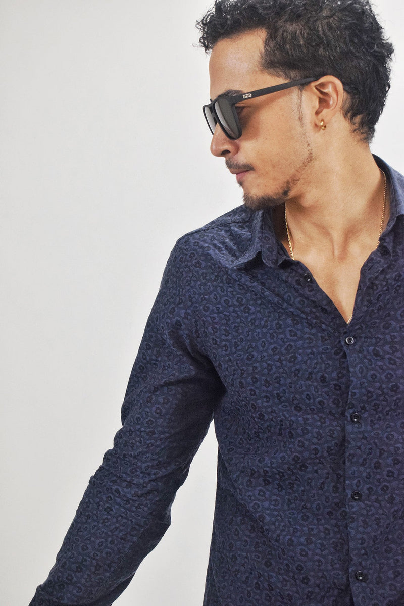 The Kooples Navy Tonal Animal Print Button Up Shirt