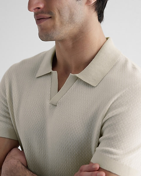 ,Express, Express Cream Houndstooth Print Short Sleeve Polo, Cream, Medium-41-TagL