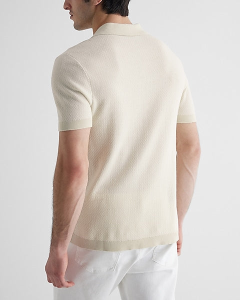 ,Express, Express Cream Houndstooth Print Short Sleeve Polo, Cream, Medium-41-TagL