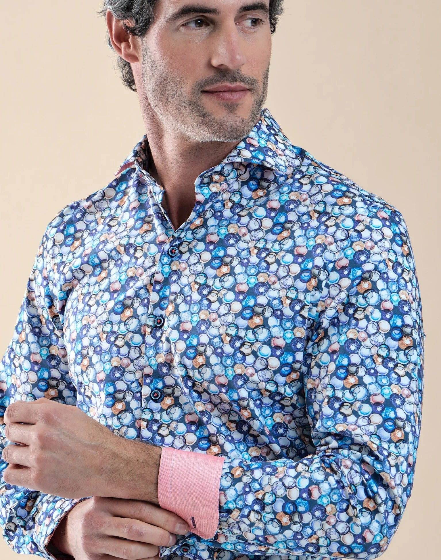 Brand Partner,R2 Amsterdam, R2 Amsterdam Blue Water Glasses Print Stretch Shirt, Blue, Medium-42-Tag39Large-44-Tag41