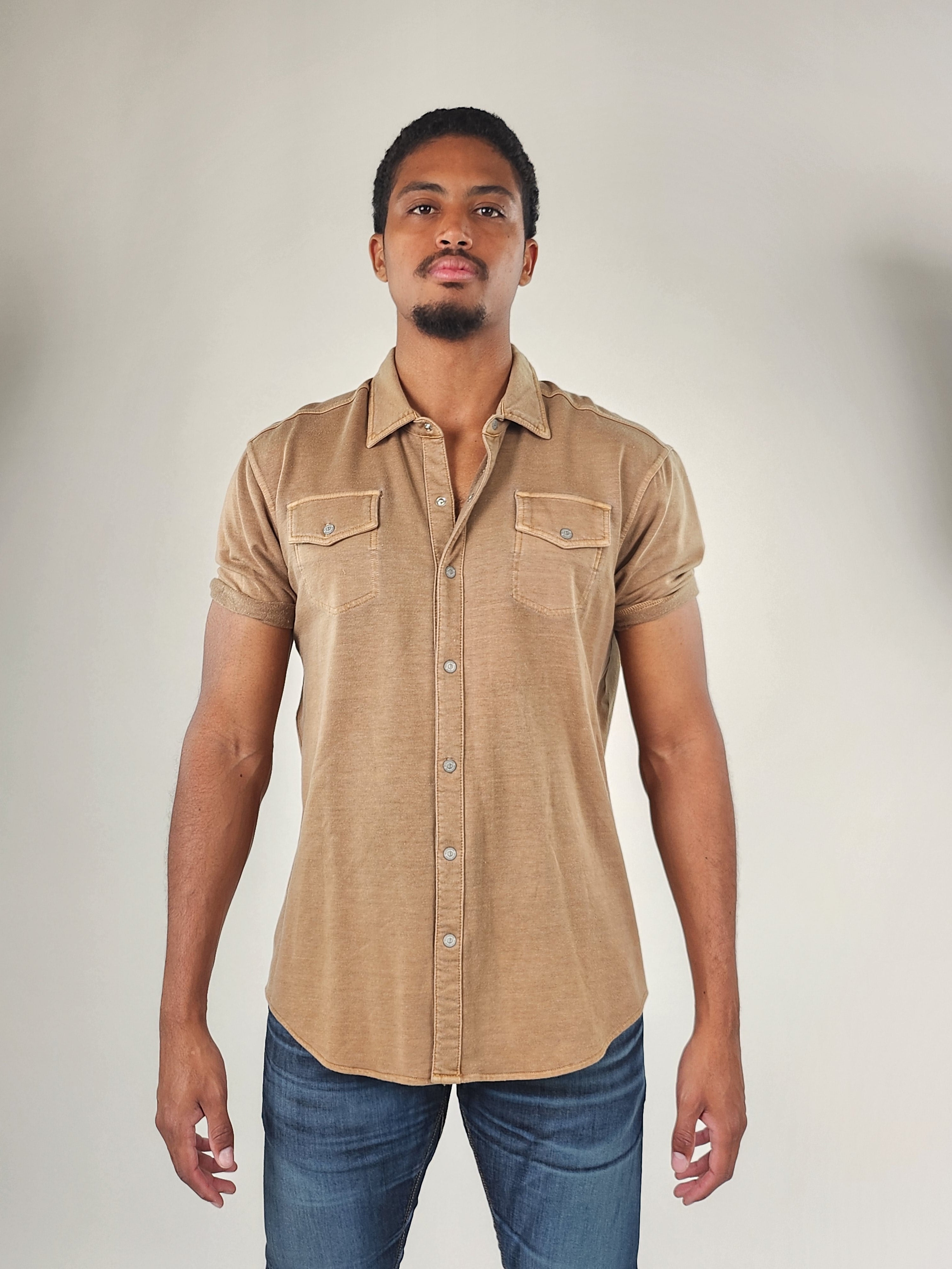 Wholesale,Reesedeluca, Reese De Luca Tan Short Sleeve Knit Snap Button Up Shirt, Tan, Medium-44-TagM
