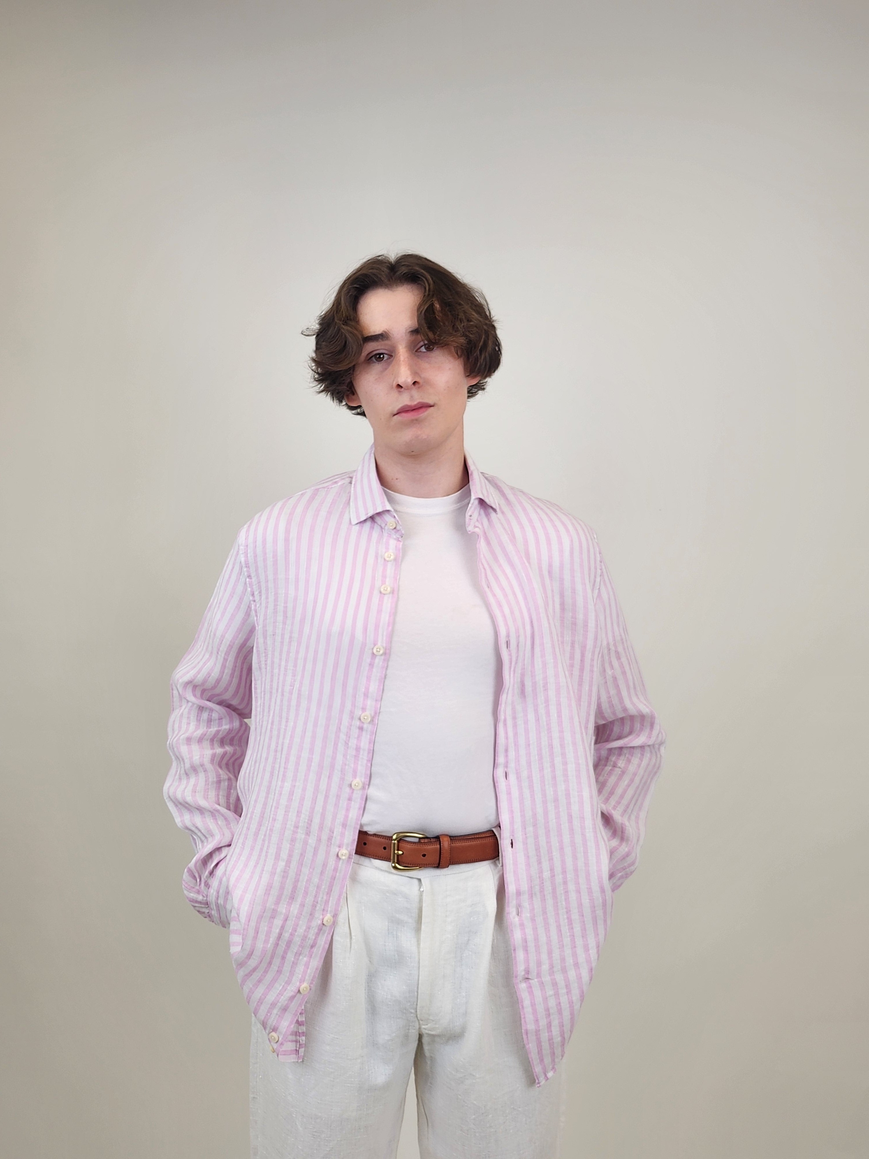 Brand Partner,R2 Amsterdam, R2 Amsterdam Light Pink Stripe Linen Long Sleeve Shirt, Pink, Large-46-TagL