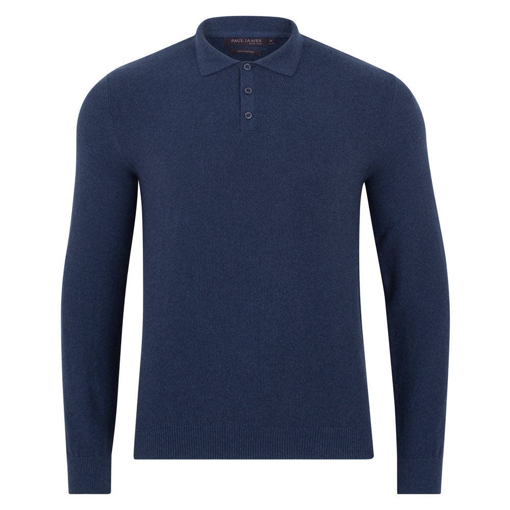 Faire,Paul James, Paul James Blue Pique Knit Button Up Longsleeve Polo, Blue, Extra Large-44-TagXL