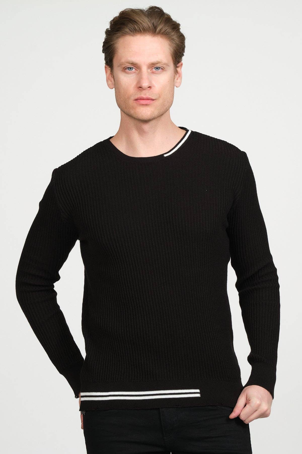 Faire,Ron Tomson, RNT 23 Black Long Sleeve Distressed Crewneck Sweater, Black, Large-46-TagL