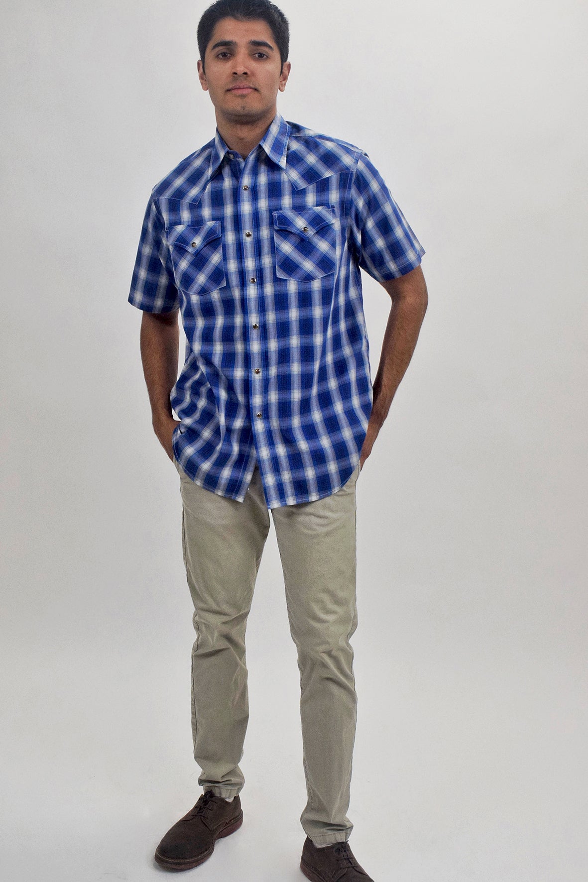 The RealReal,Pendleton, Pendleton Dark Blue Plaid Western Short Sleeve Button Up Shirt, Blue, Medium-45-TagM