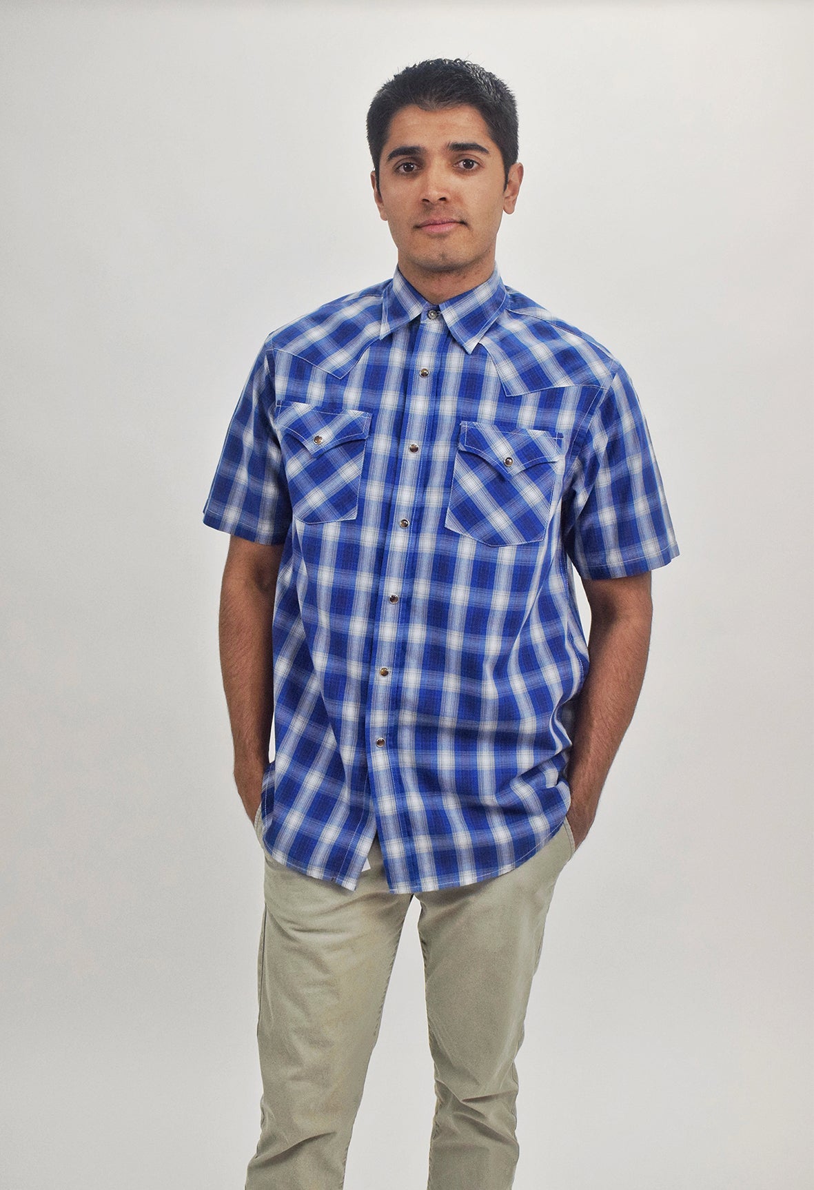 The RealReal,Pendleton, Pendleton Dark Blue Plaid Western Short Sleeve Button Up Shirt, Blue, Medium-45-TagM