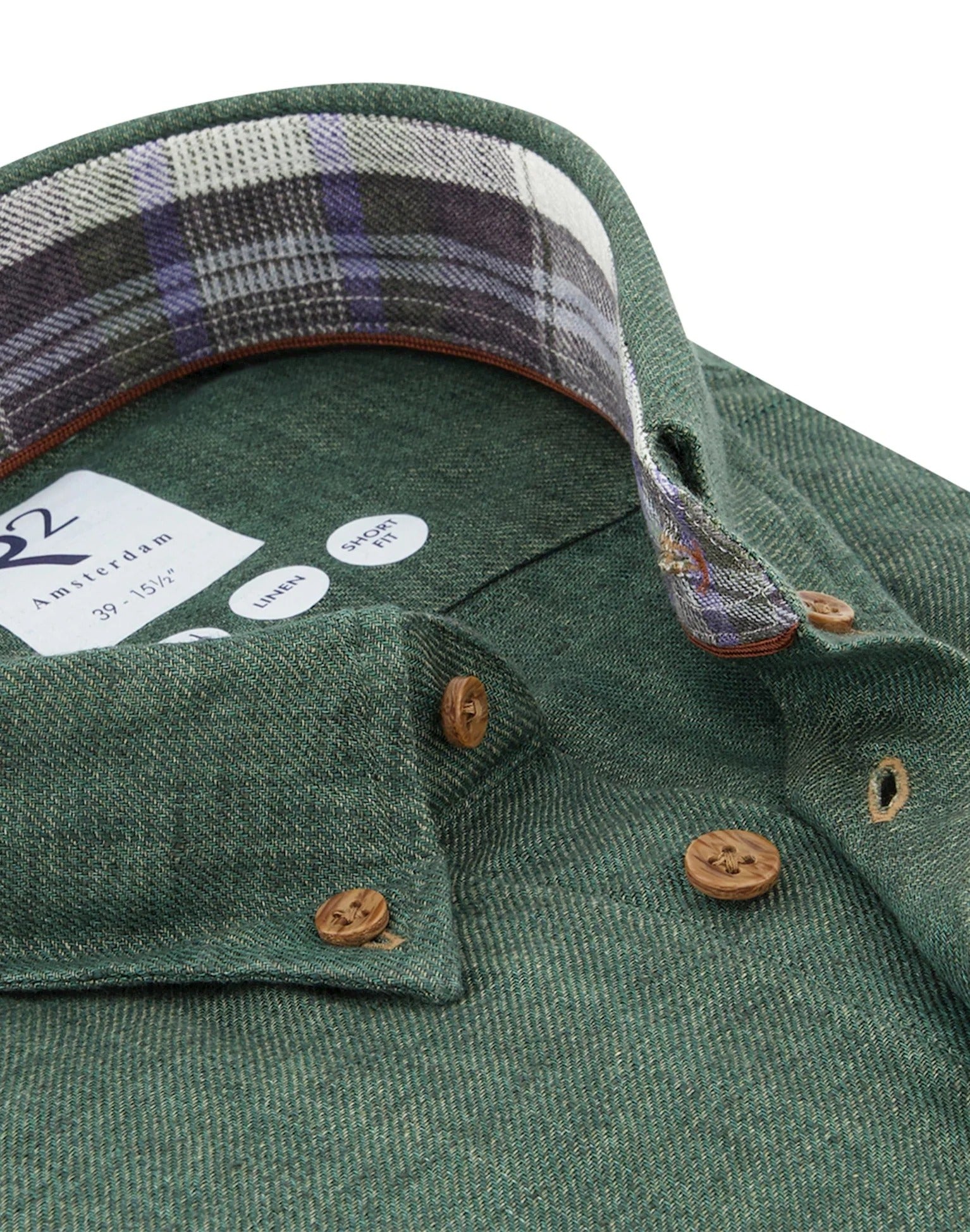 Brand Partner,R2 Amsterdam, R2 Amsterdam Dark Green Linen Long Sleeve Shirt with Checkered contrast, Green, Medium-44-Tag41Large-46-Tag42